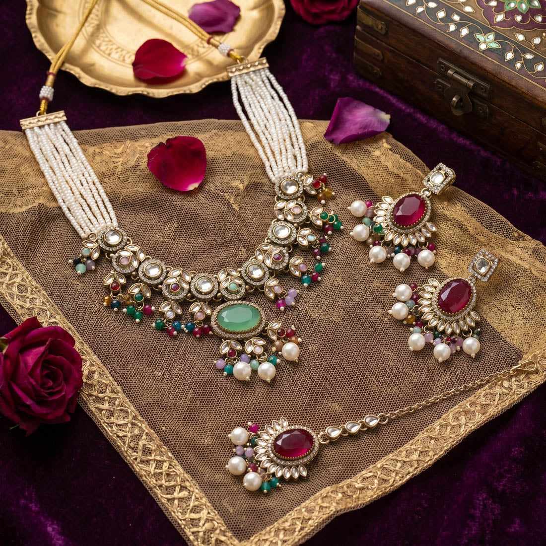 Multi Color Choker Kundan Necklace Set Bridal Pattern