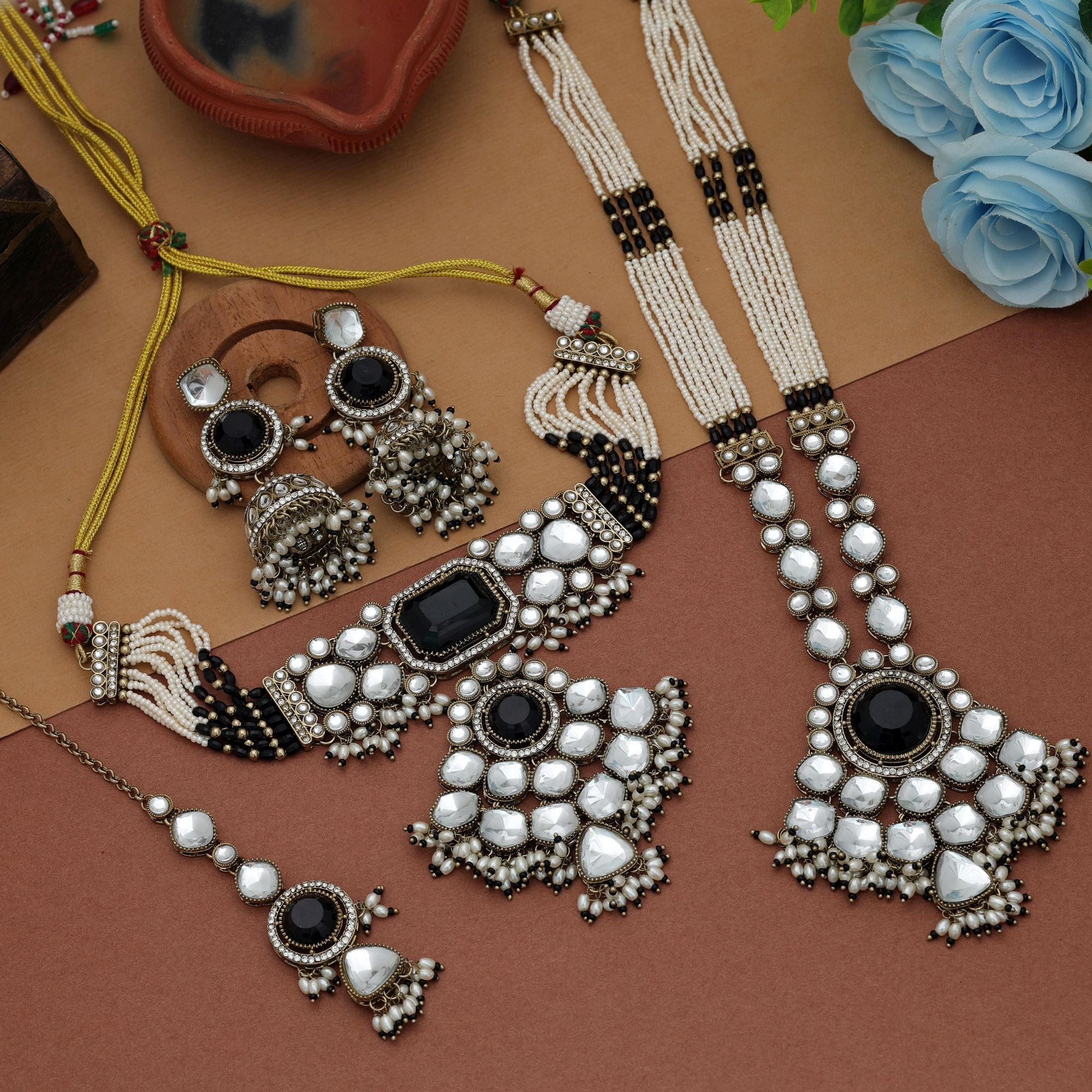 Black Color Long And Choker Kundan Necklace Set