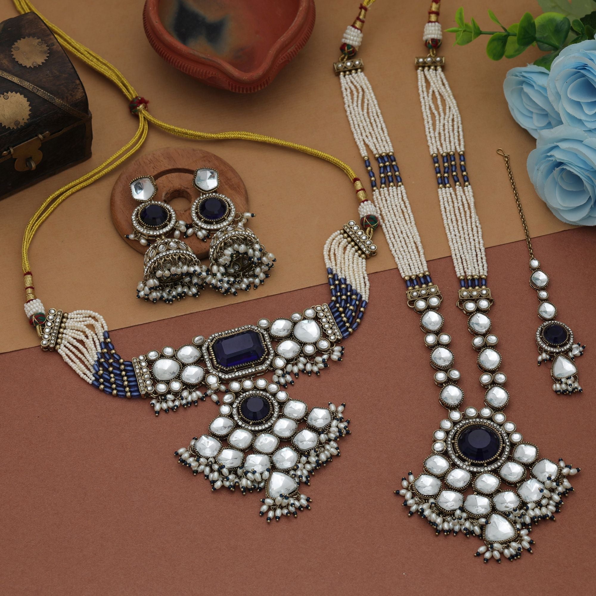 Blue Color Long And Choker Kundan Necklace Set