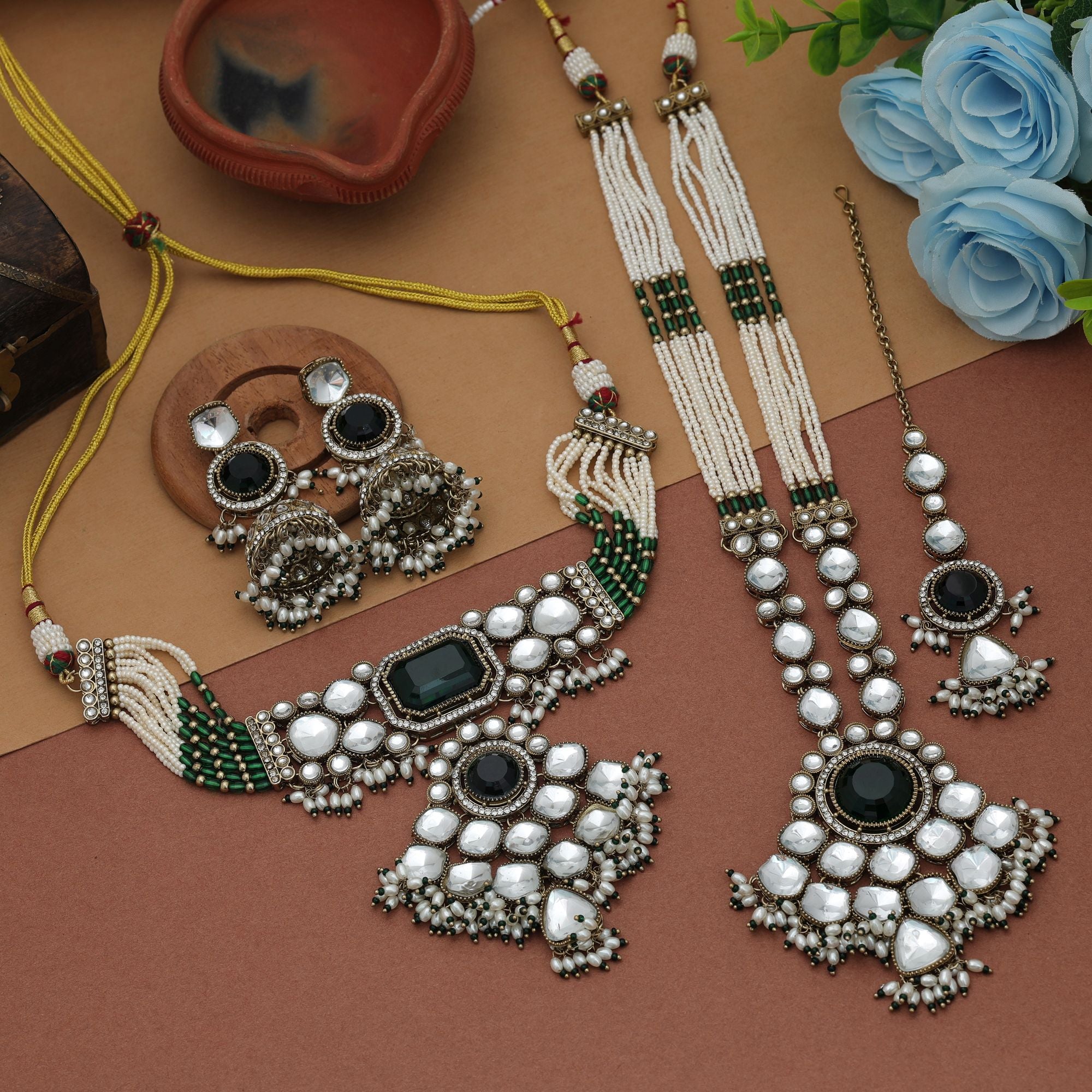 Green Color Long And Choker Kundan Necklace Set