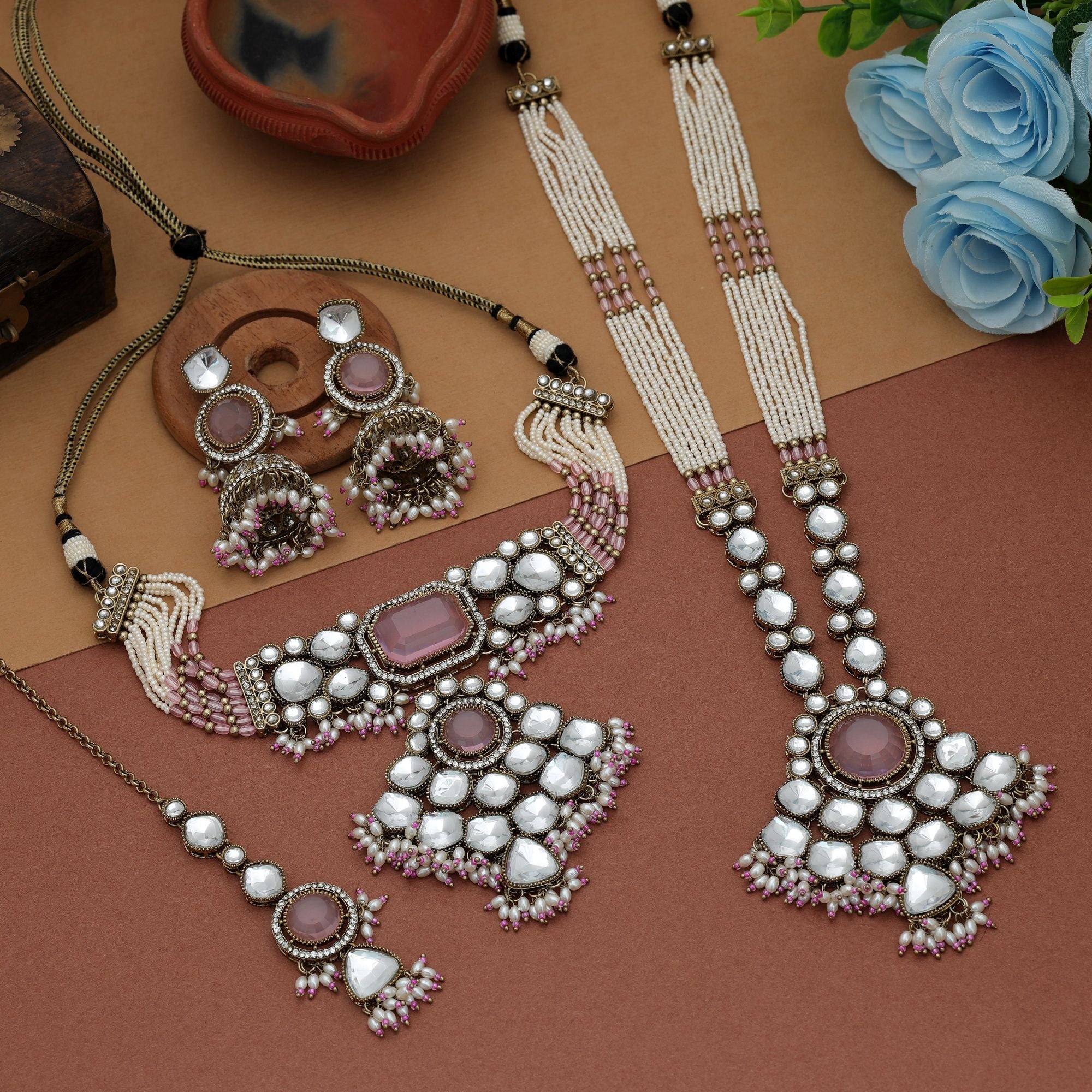 Light Pink Color Long And Choker Kundan Necklace Set