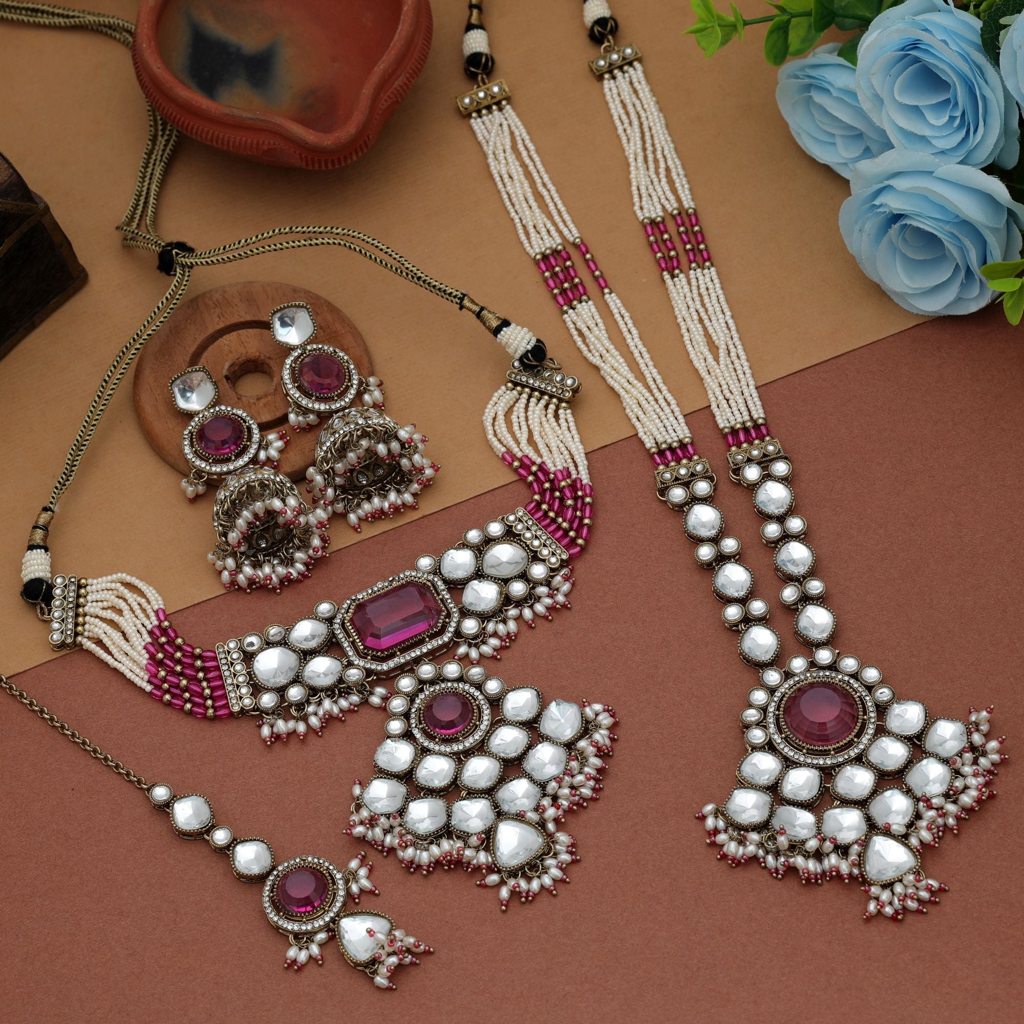 Magenta Color Long And Choker Kundan Necklace Set