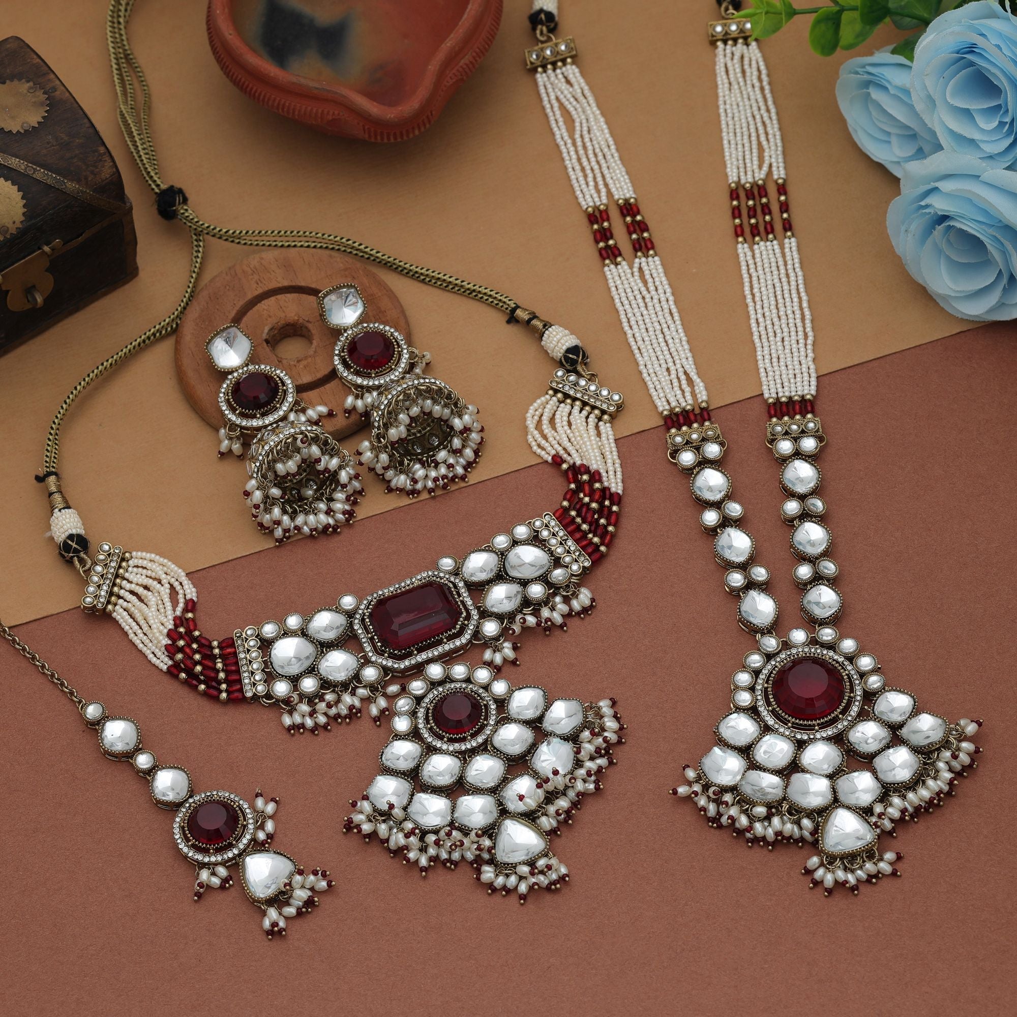 Maroon Color Long And Choker Kundan Necklace Set