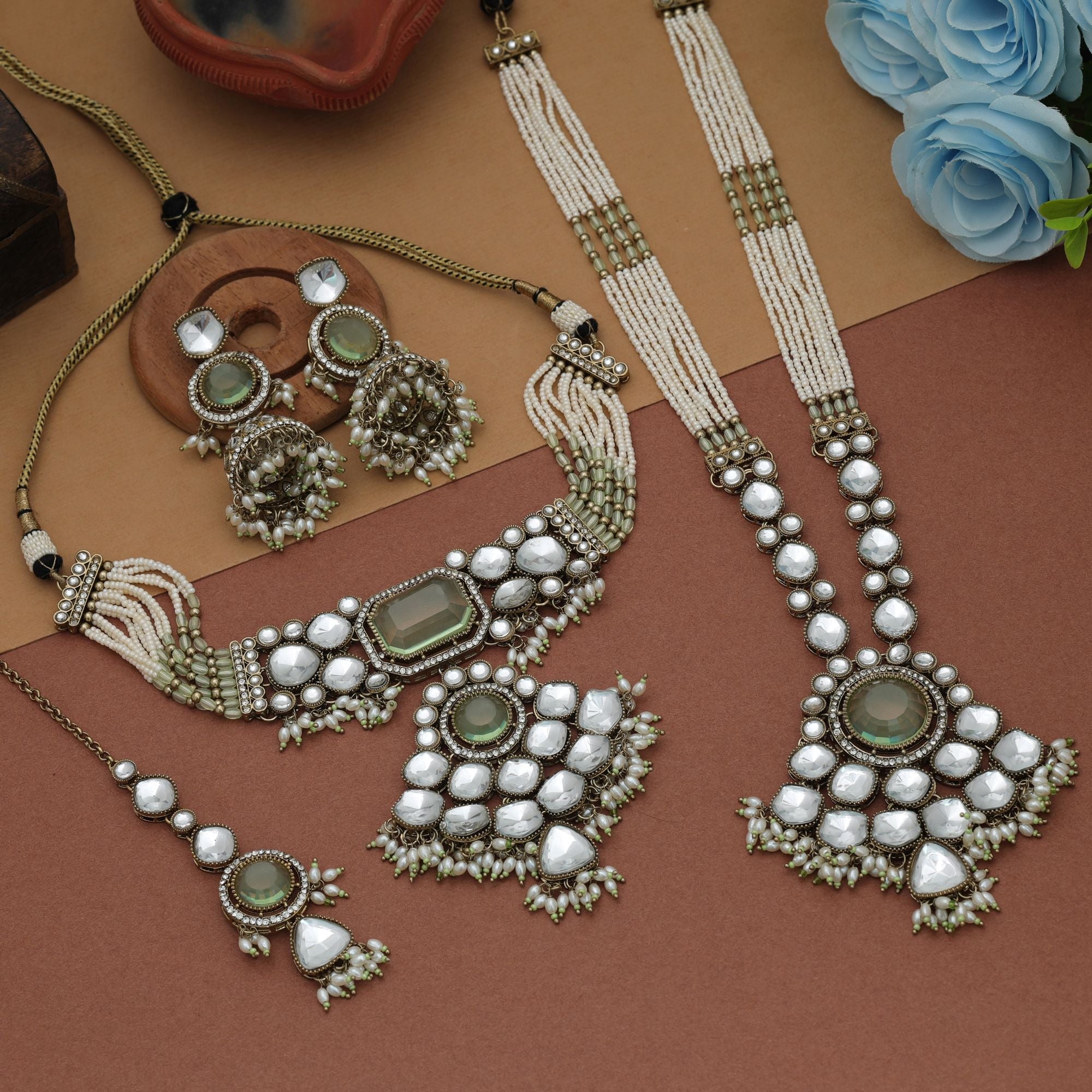Pista Green Color Long And Choker Kundan Necklace Set