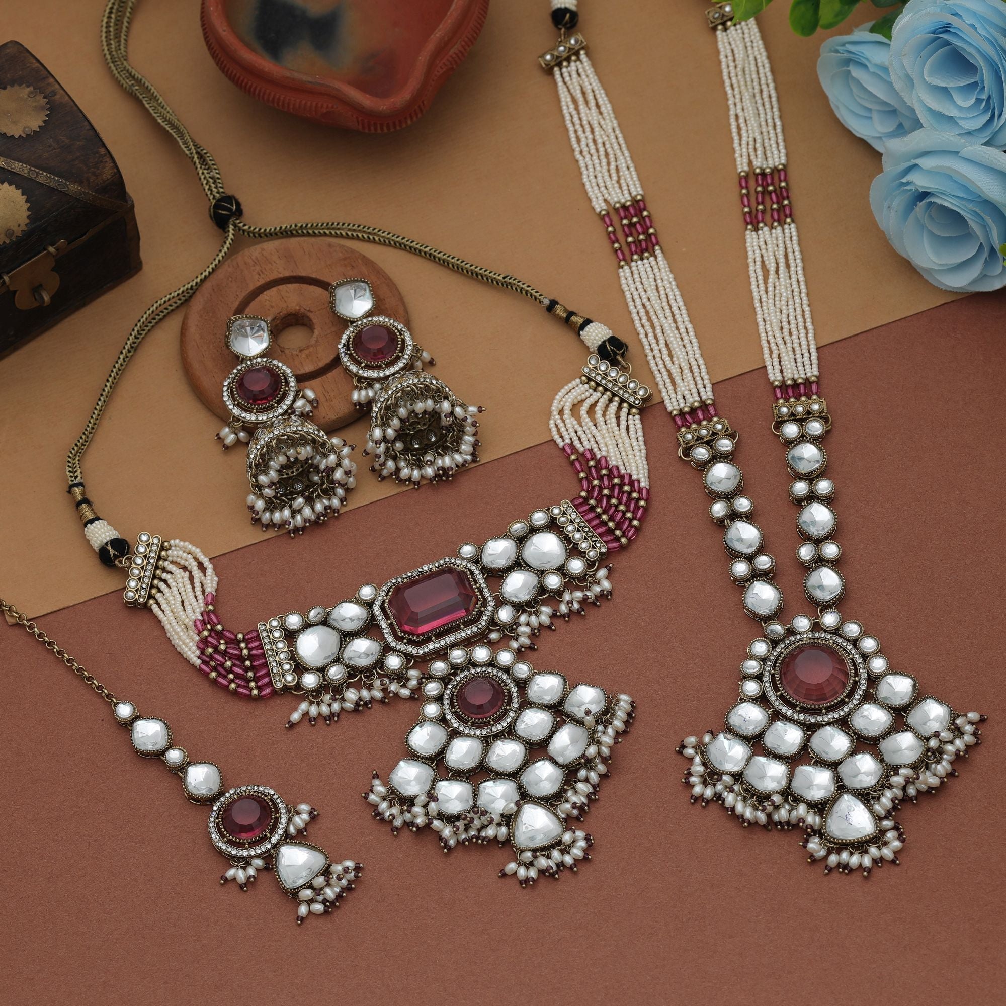Rani Color Long And Choker Kundan Necklace Set