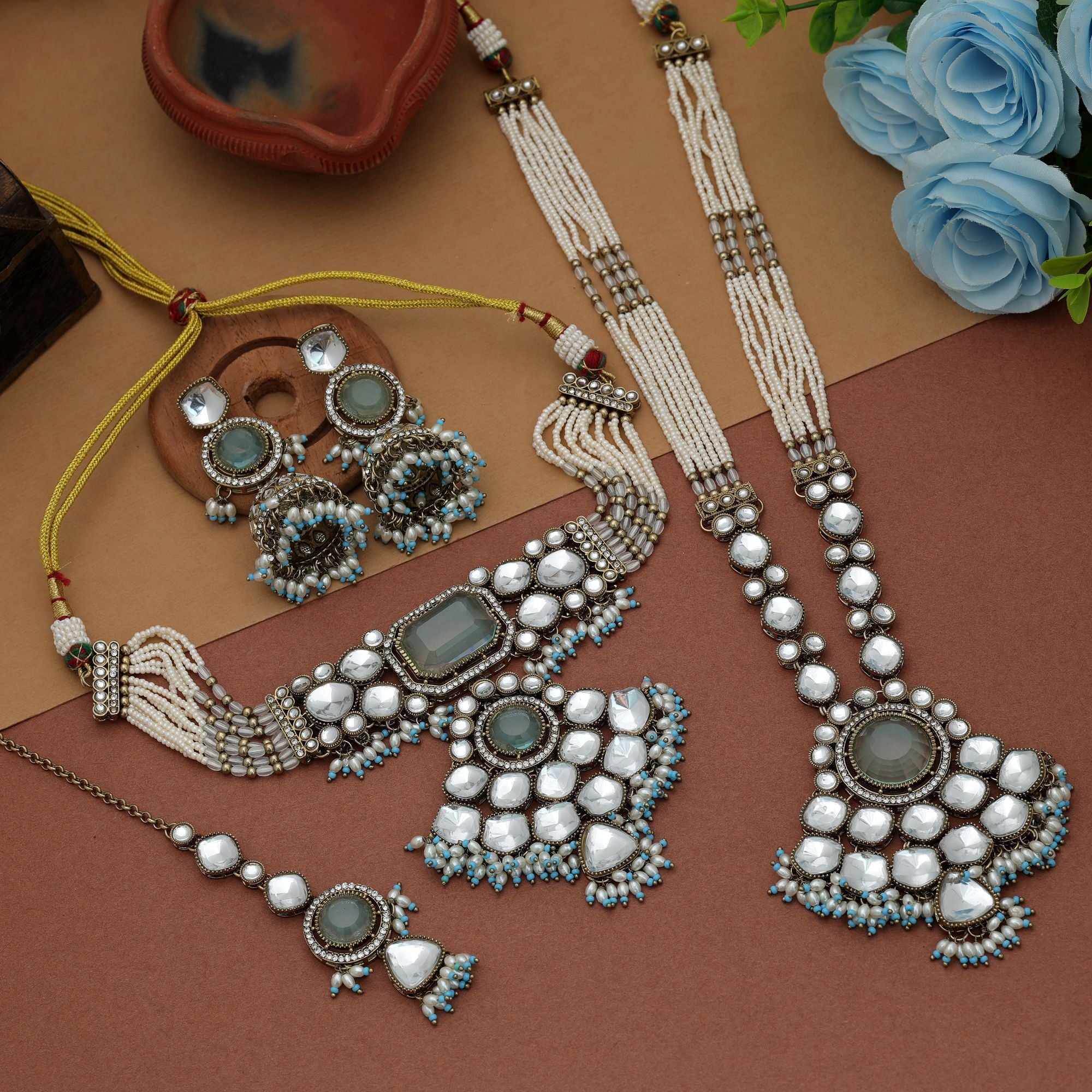 Sky Blue Color Long And Choker Kundan Necklace Set