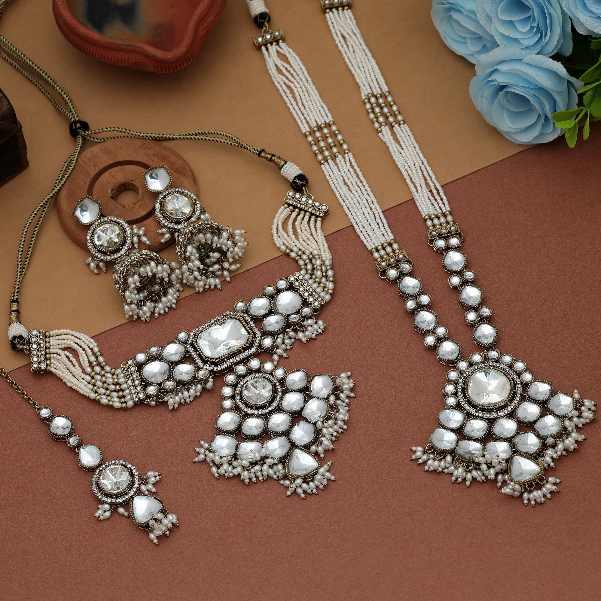 White Color Long And Choker Kundan Necklace Set
