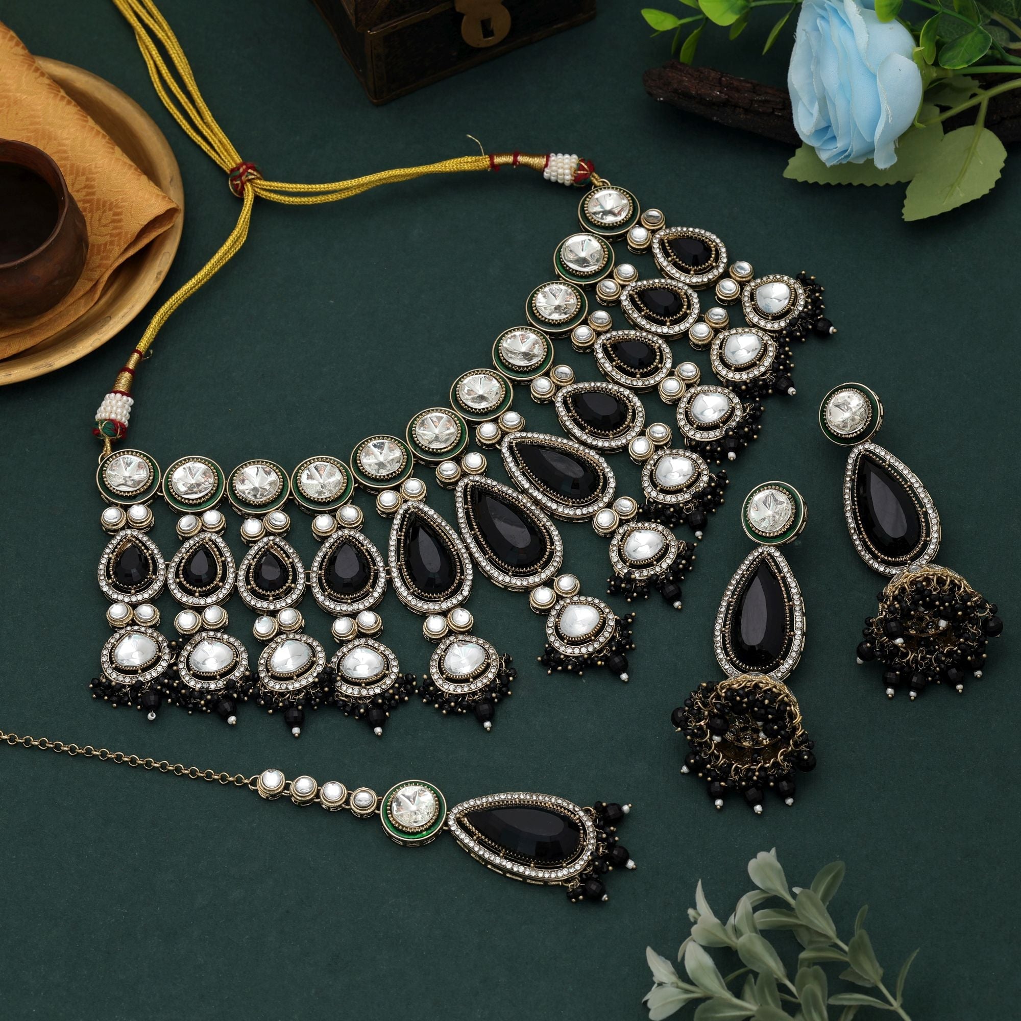 Black Color Kundan Necklace Set Stone Design