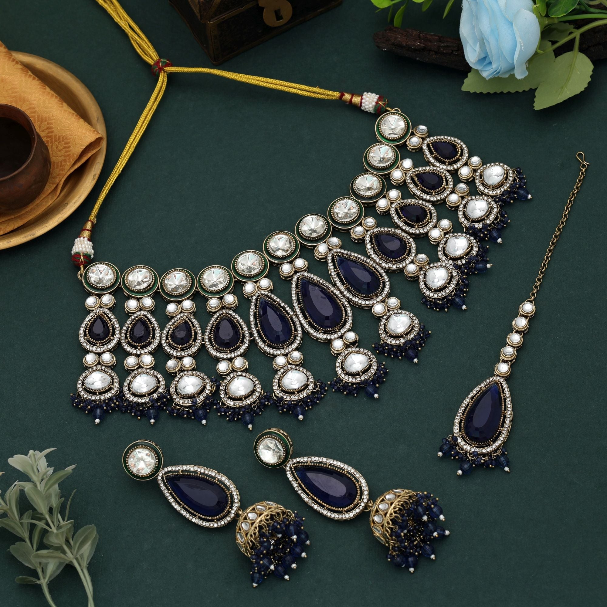 Blue Color Kundan Necklace Set Royal Design