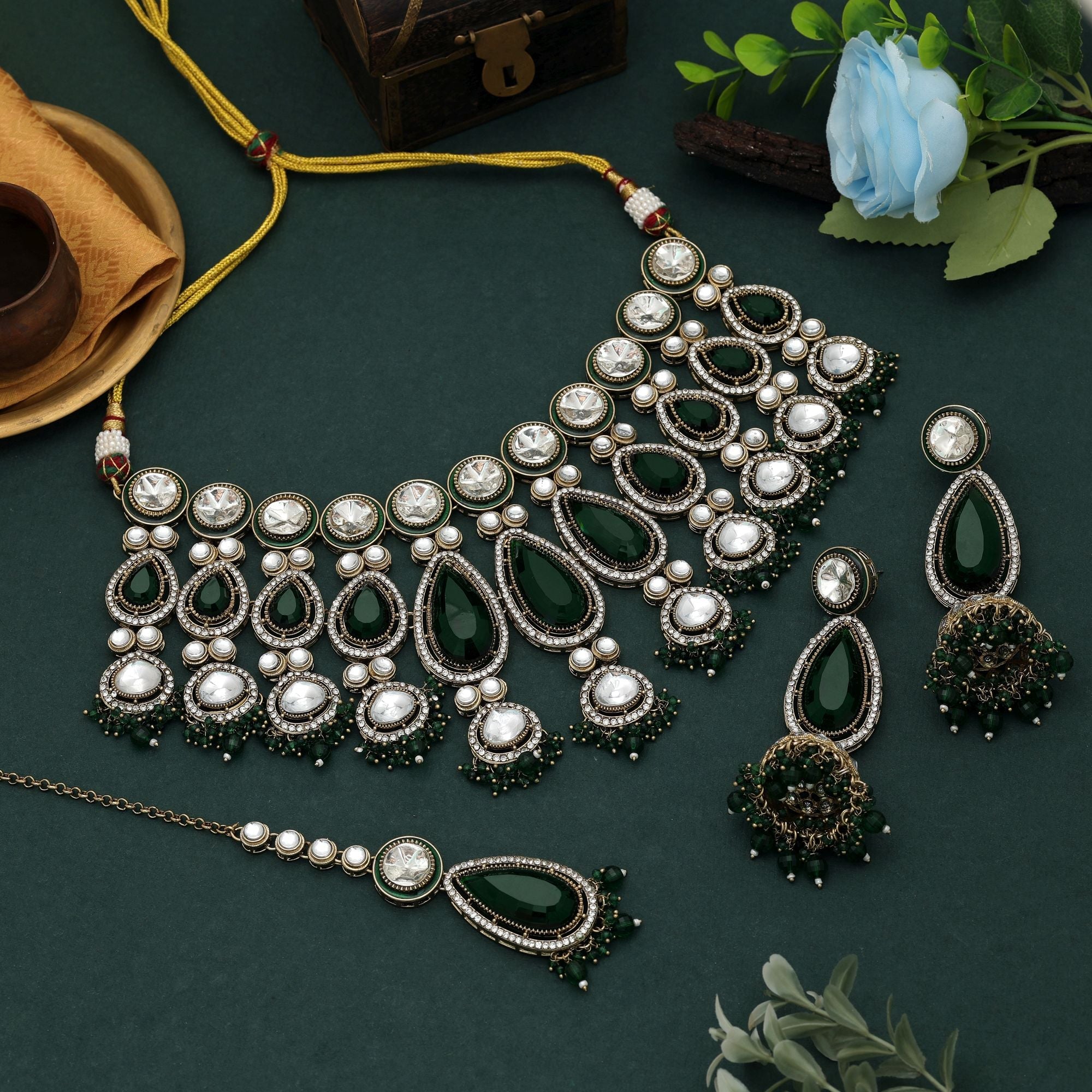 Green Color Kundan Necklace Set Bridal Stone Work