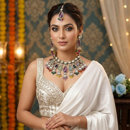 Multi Color Kundan Necklace Set Festive Style