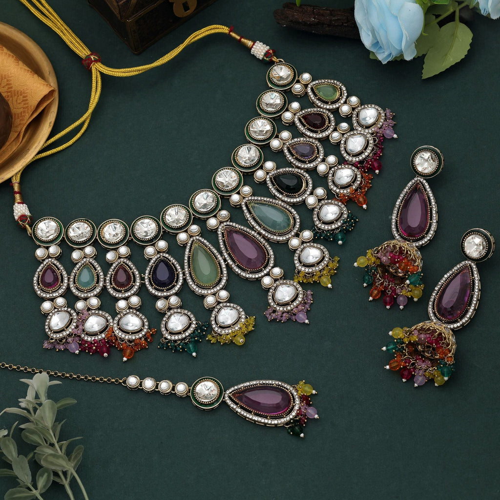 Multi Color Kundan Necklace Set Festive Style