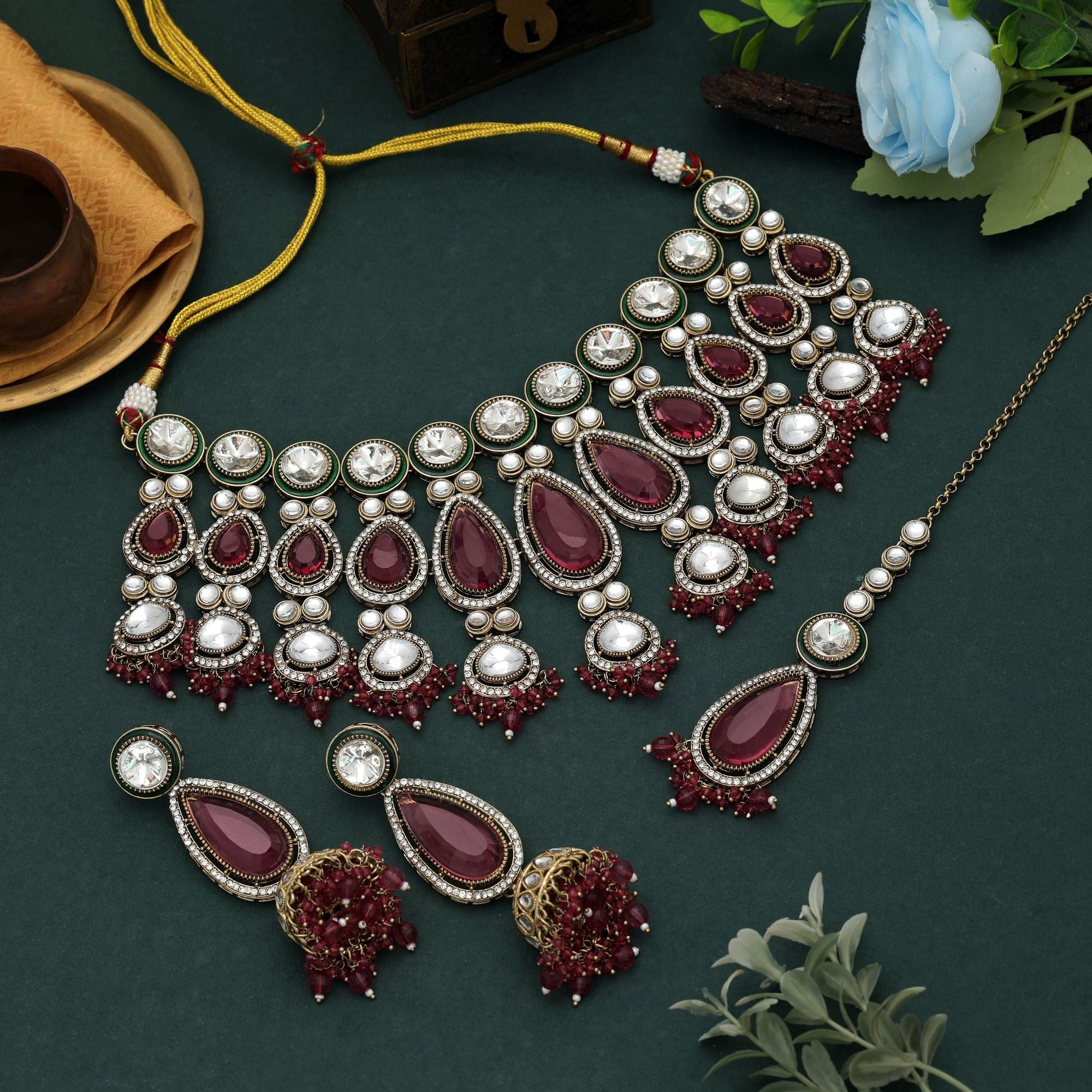 Magenta Color Kundan Necklace Set Stone Detailing