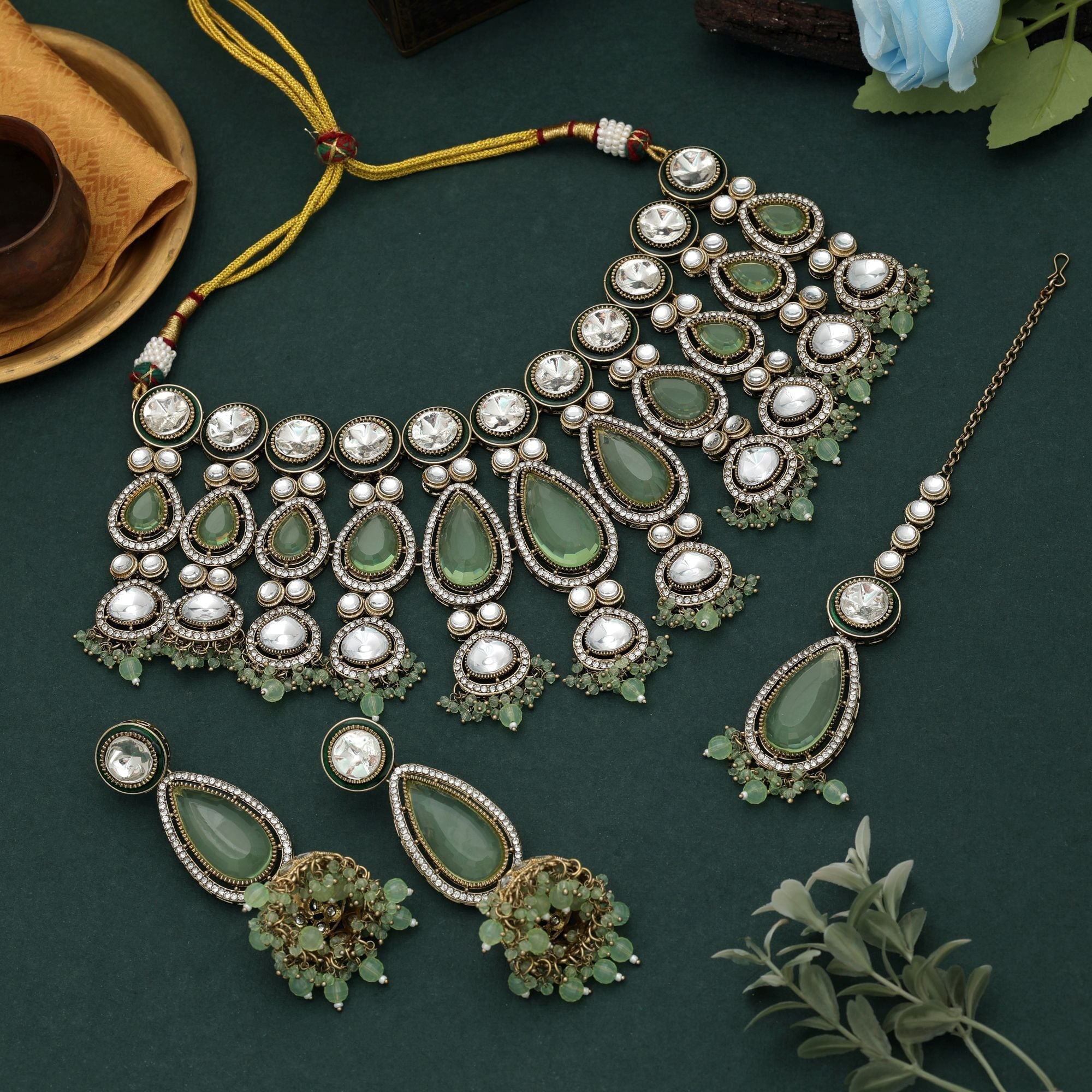 Pista Green Color Kundan Necklace Set Bridal Finish
