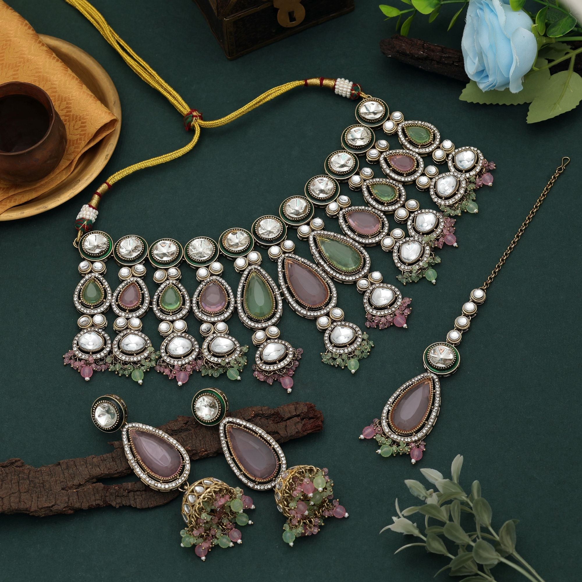 Pink & Pista Green Color Kundan Necklace Set