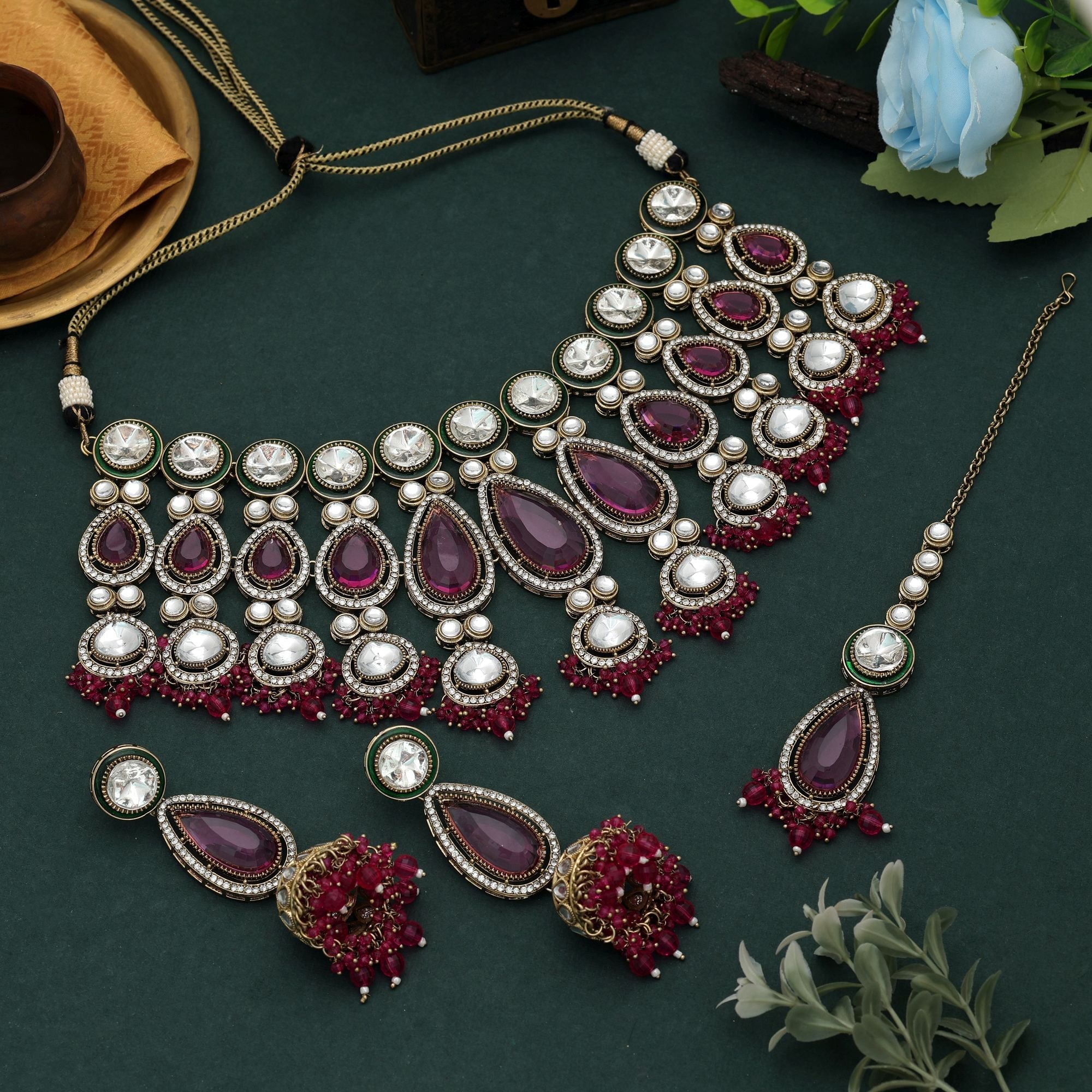 Rani Color Kundan Necklace Set Bridal Look