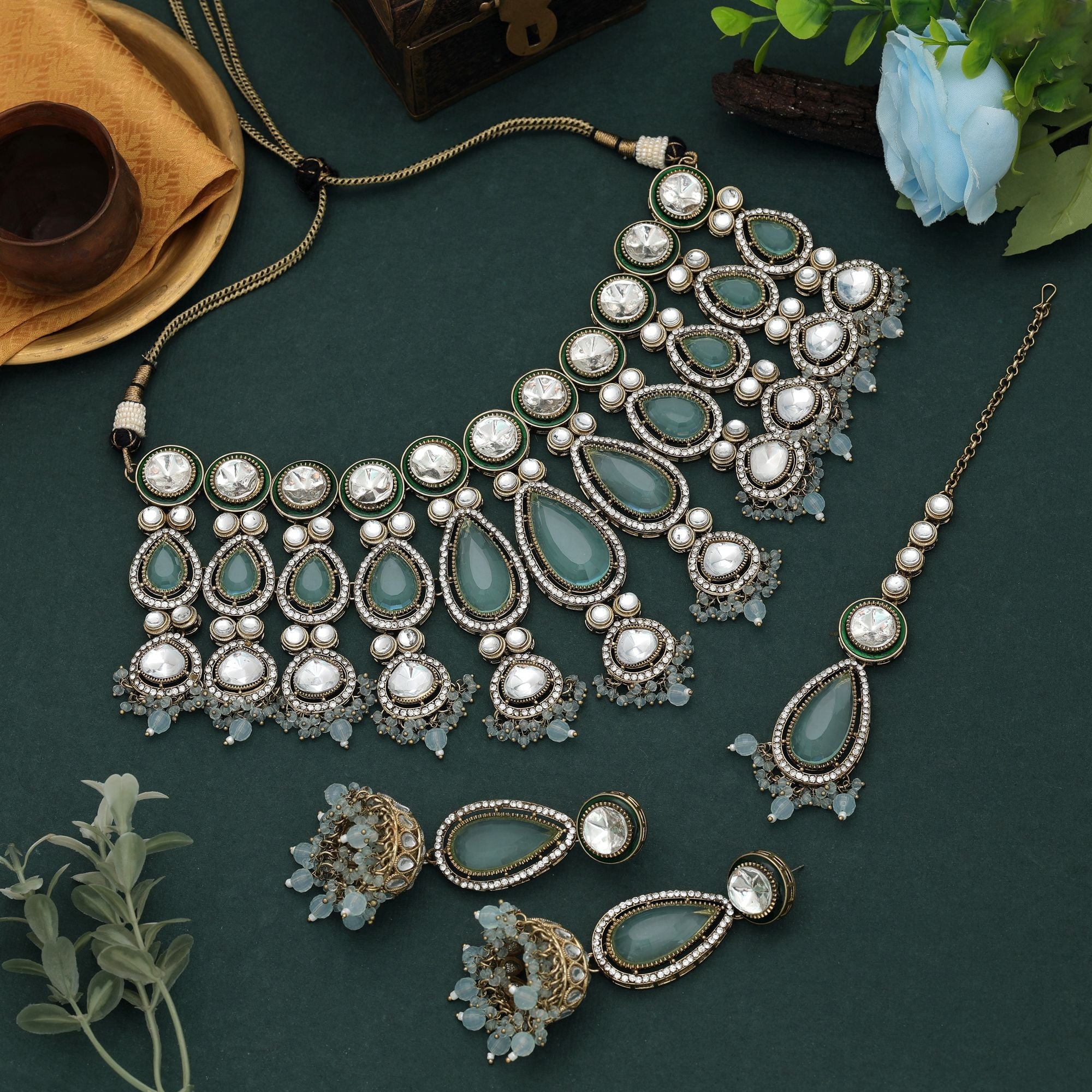 Sky Blue Color Kundan Necklace Set Royal Design