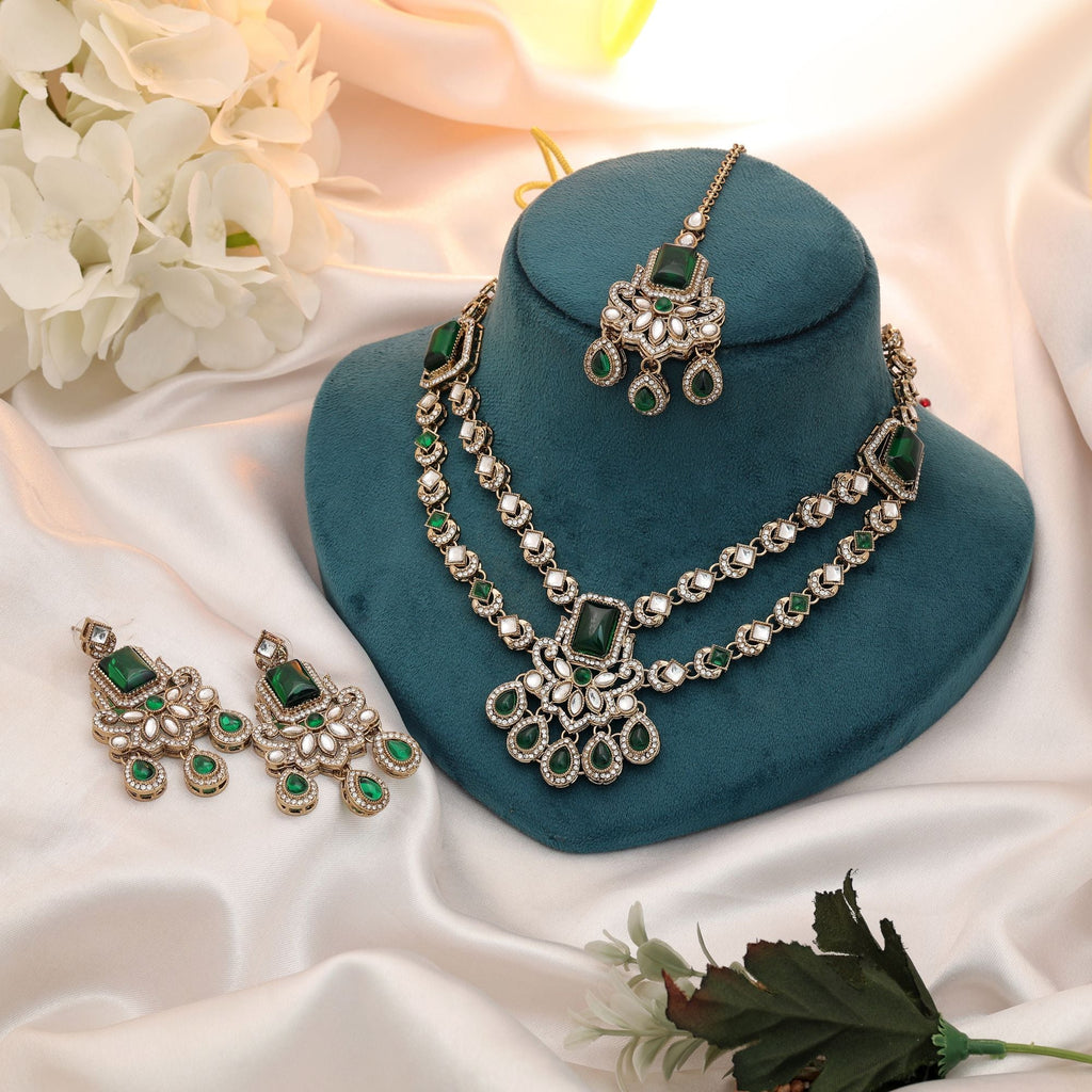 Green Color Kundan Necklace Set Traditional Bridal Design
