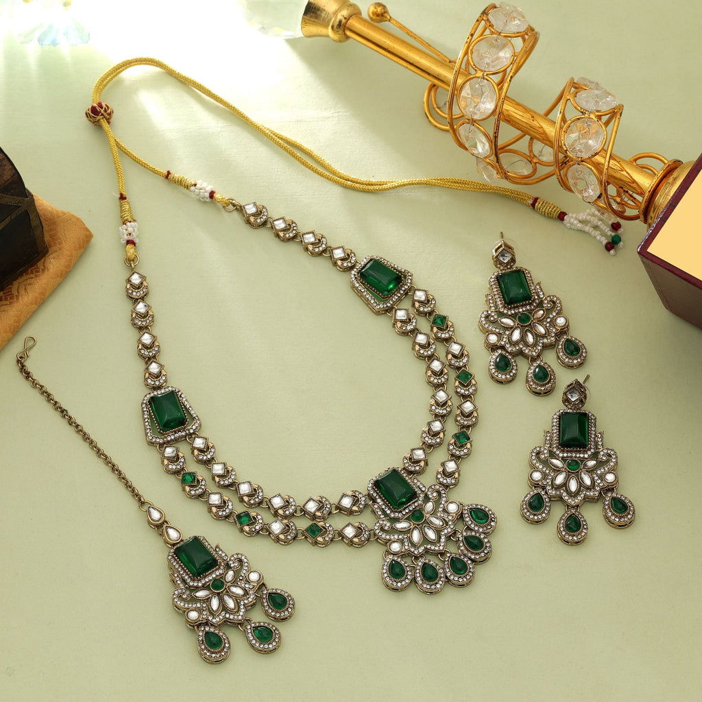Green Color Kundan Necklace Set Traditional Bridal Design