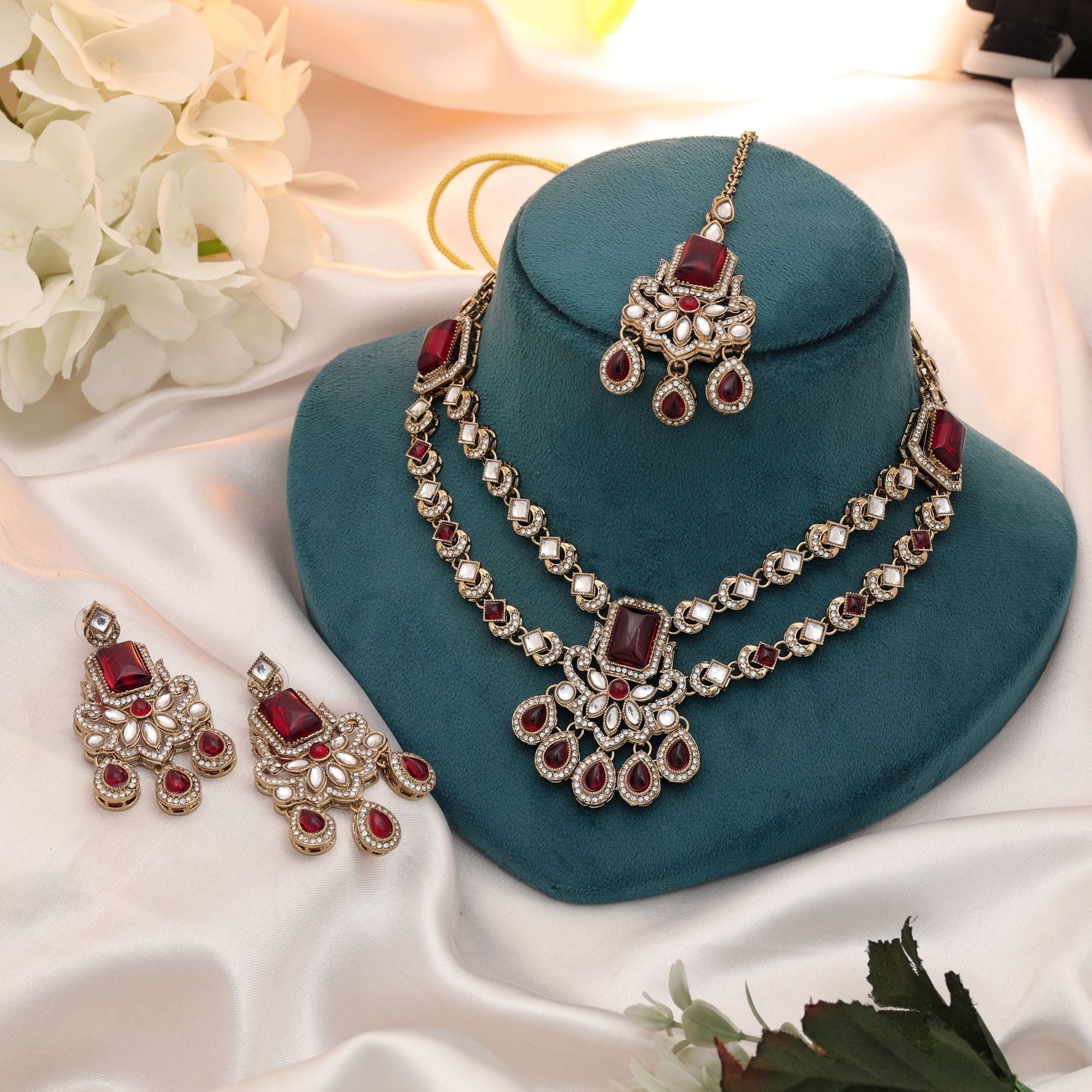 Red Color Kundan Necklace Set Festive Party Wear