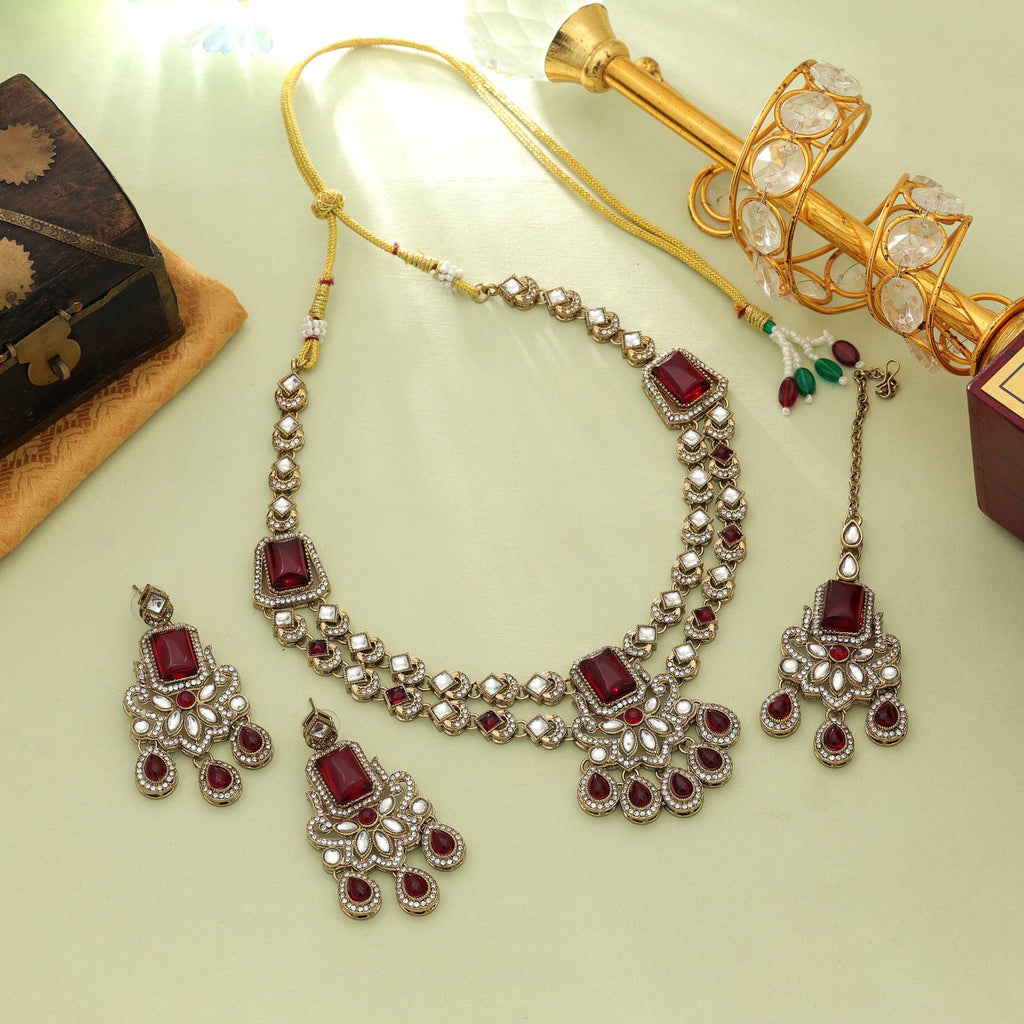 Red Color Kundan Necklace Set Festive Party Wear