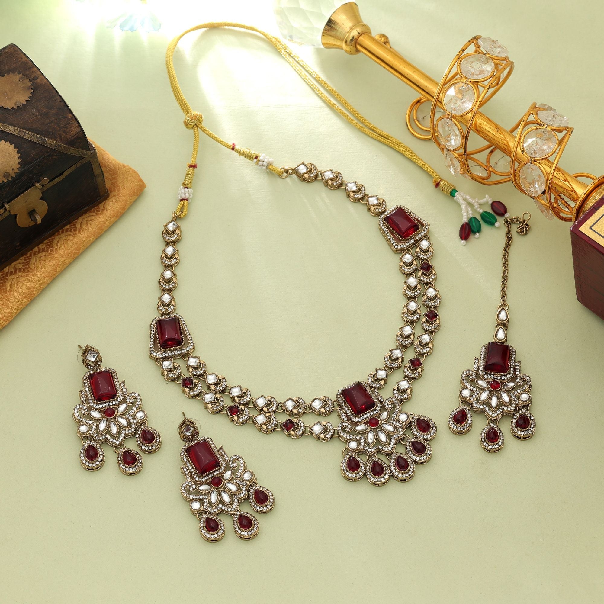 Red Color Kundan Necklace Set Festive Party Wear