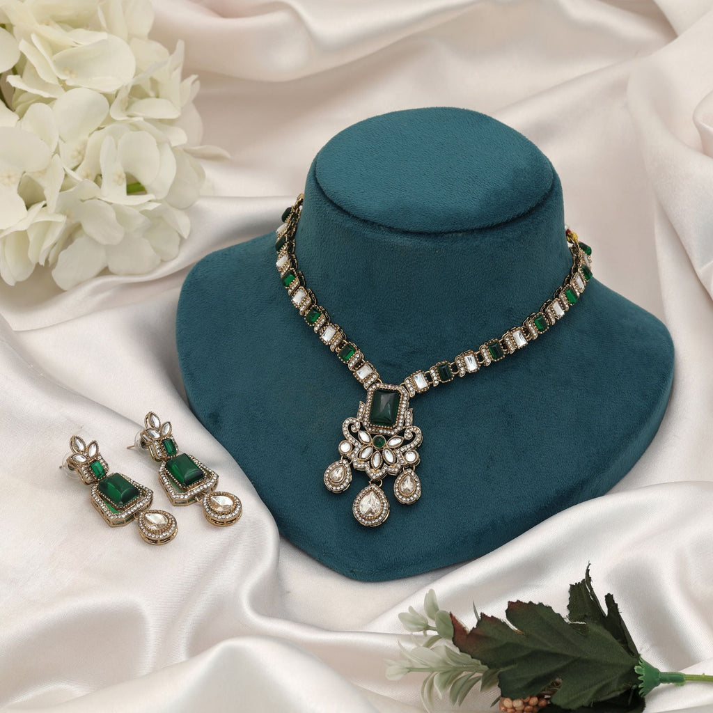 Green Color Kundan Necklace Set Traditional Wedding Fashion