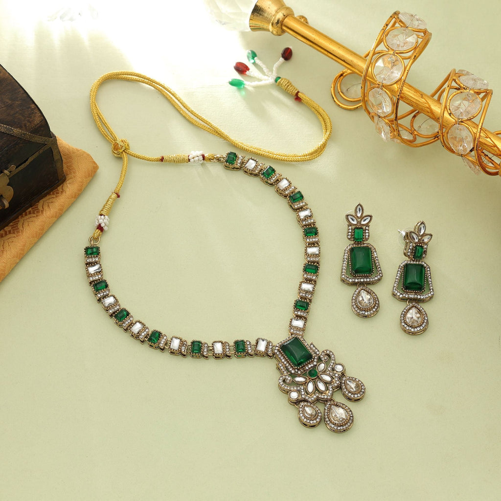 Green Color Kundan Necklace Set Traditional Wedding Fashion
