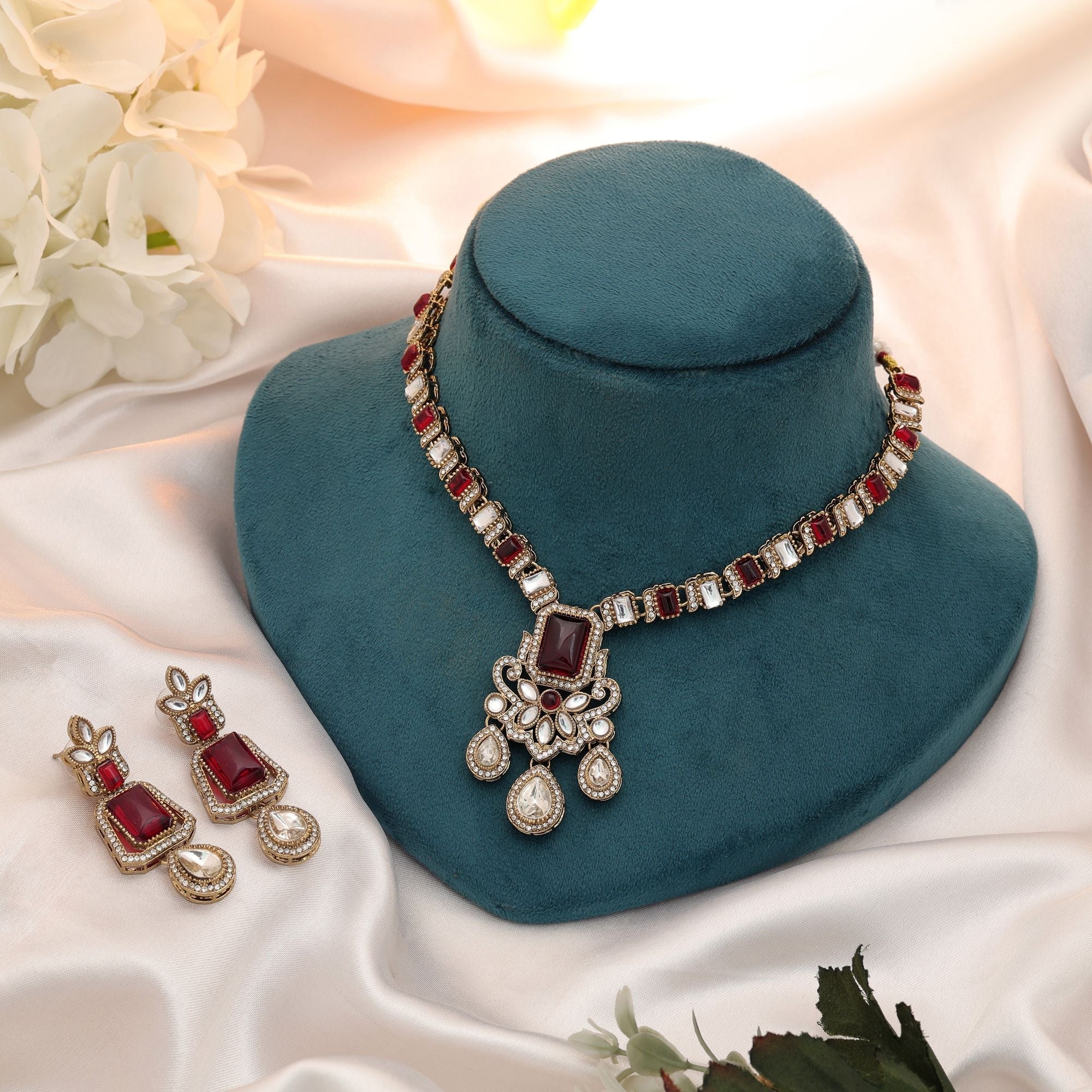 Red Color Kundan Necklace Set Traditional Jewelry Collection