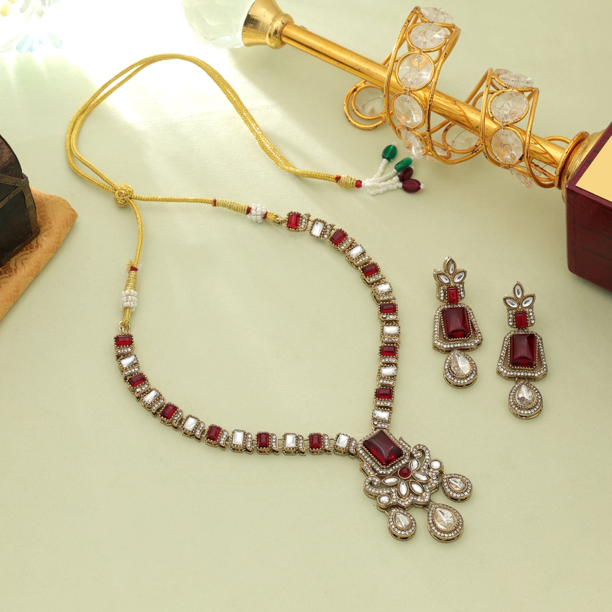 Red Color Kundan Necklace Set Traditional Jewelry Collection