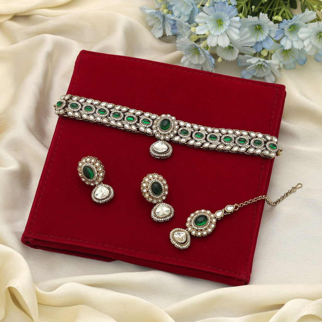 Green Color Choker Kundan Necklace Set Ethnic Bridal Finish