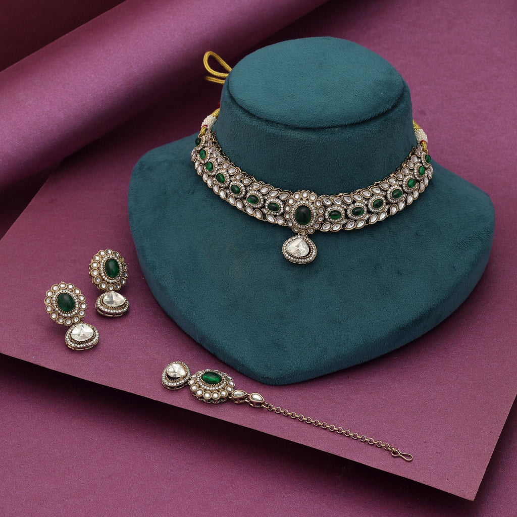 Green Color Choker Kundan Necklace Set Ethnic Bridal Finish
