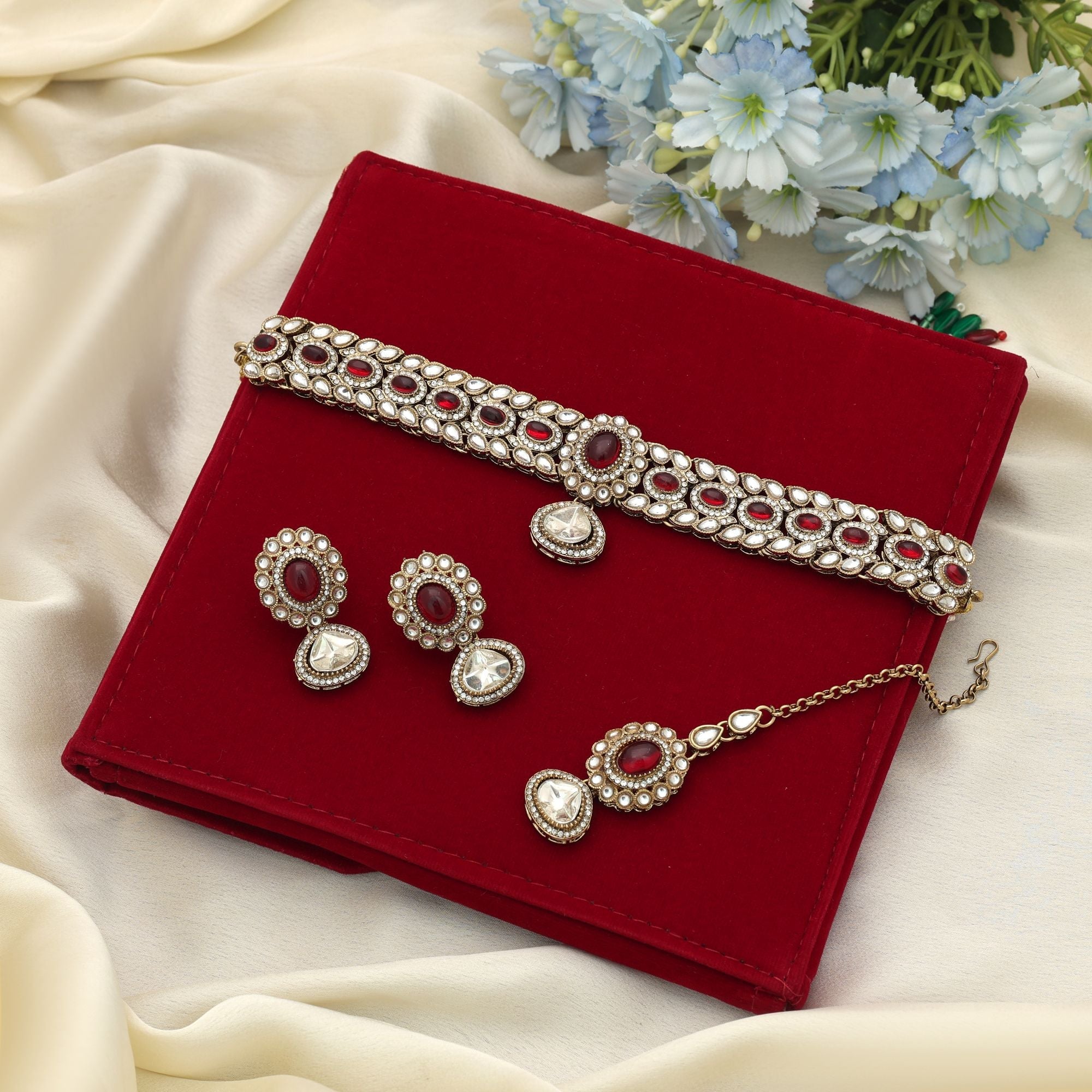 Red Color Choker Kundan Necklace Set Traditional Party Wear