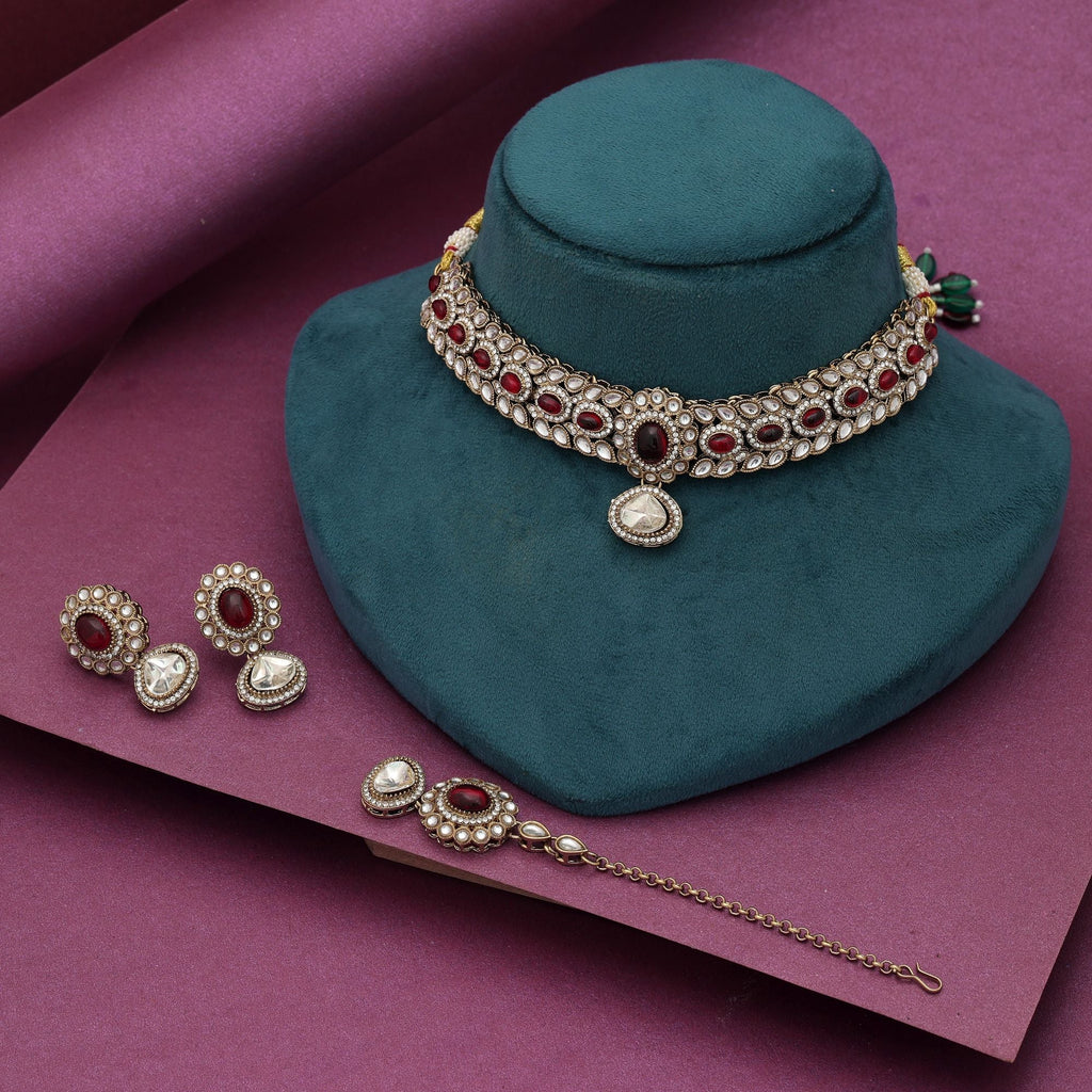 Red Color Choker Kundan Necklace Set Traditional Party Wear