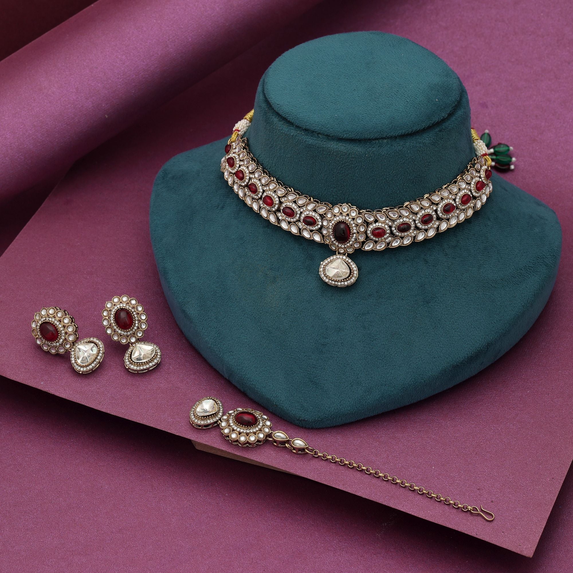 Red Color Choker Kundan Necklace Set Traditional Party Wear