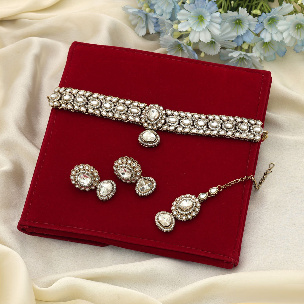 White Color Choker Kundan Necklace Set Bridal Ethnic Look