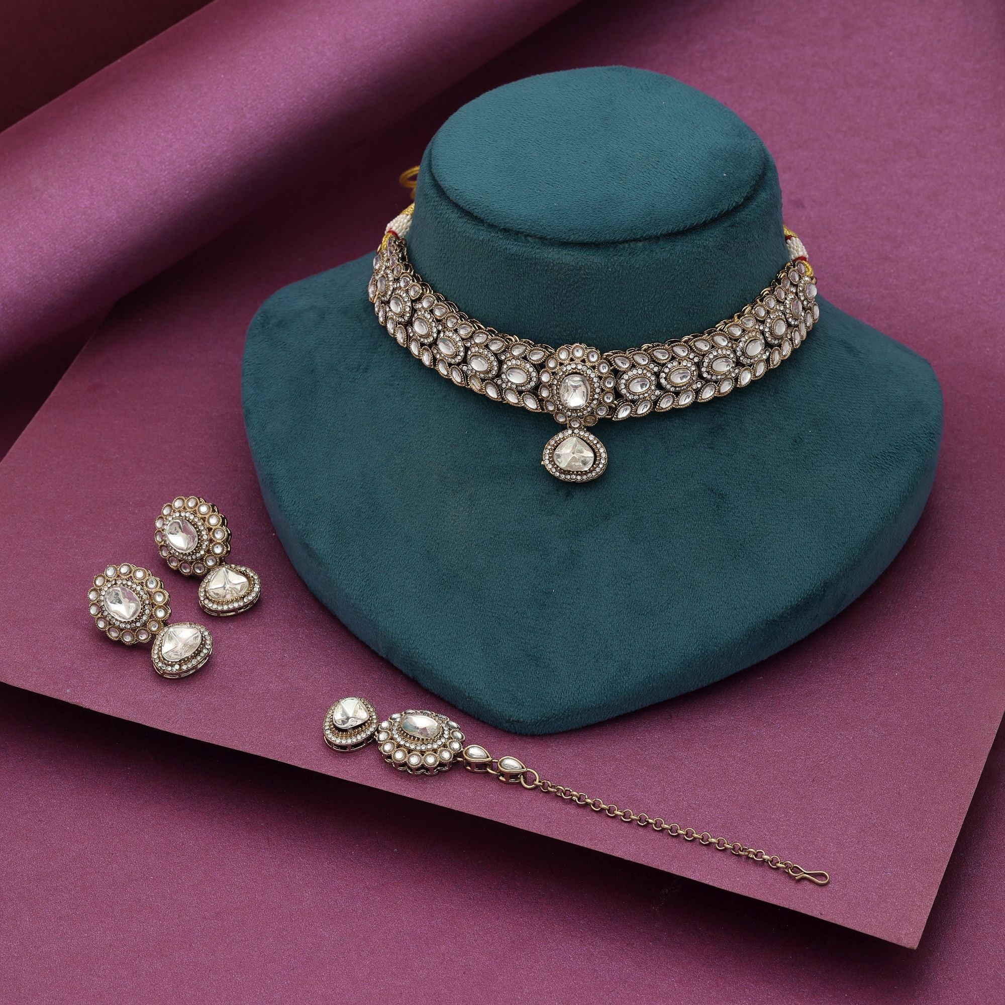 White Color Choker Kundan Necklace Set Bridal Ethnic Look
