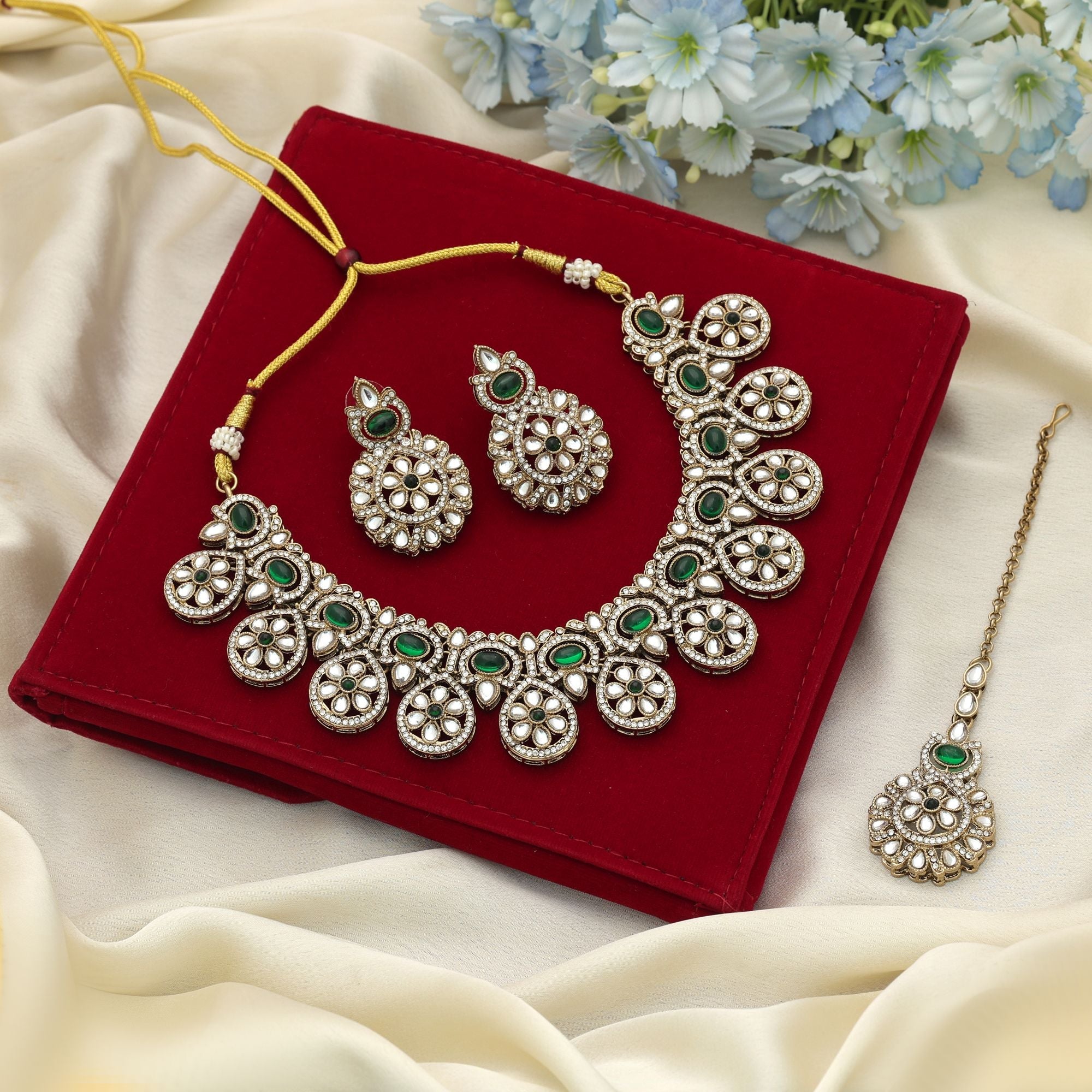Green Color Kundan Necklace Set Wedding Fashion Collection