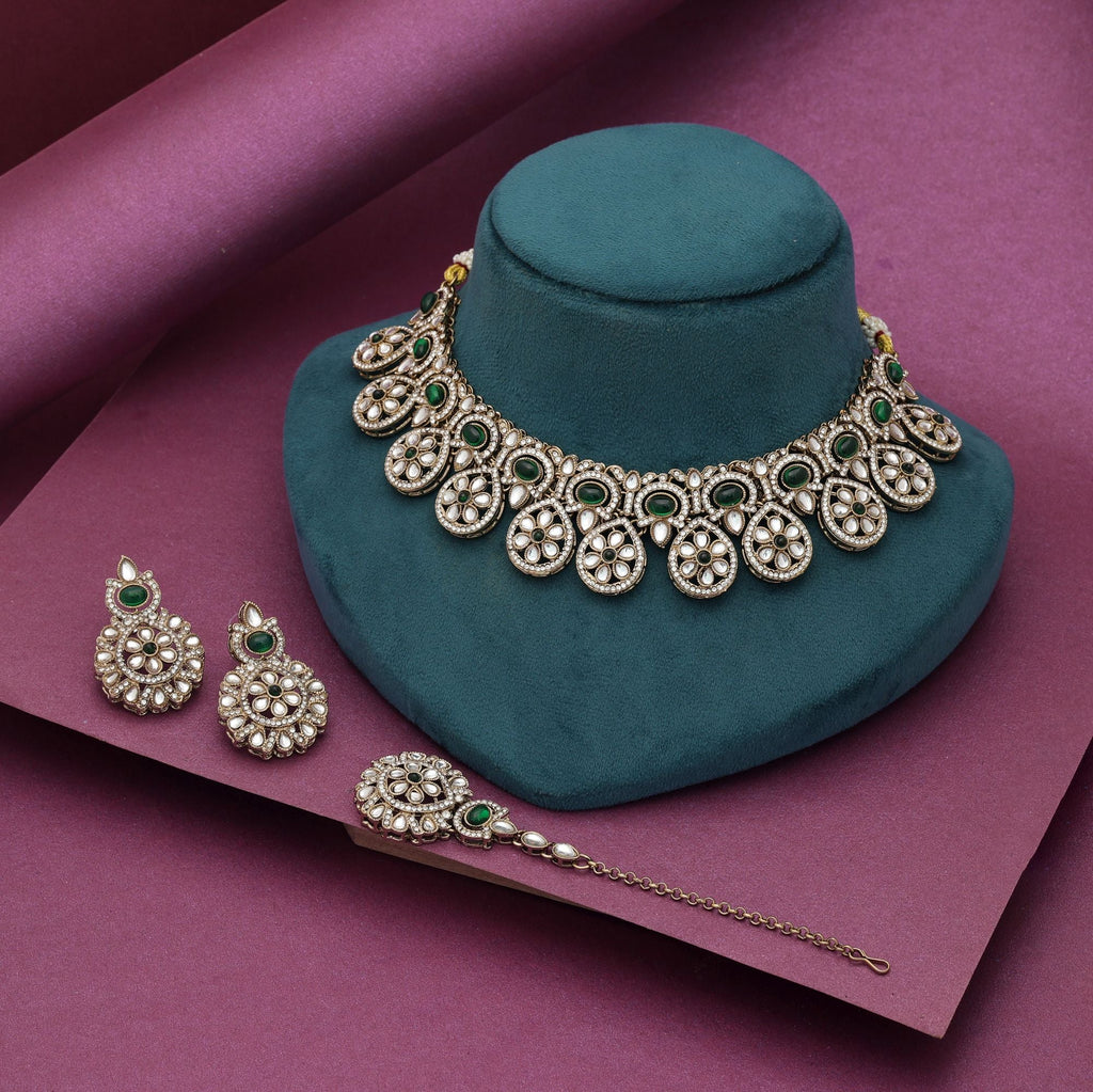 Green Color Kundan Necklace Set Wedding Fashion Collection