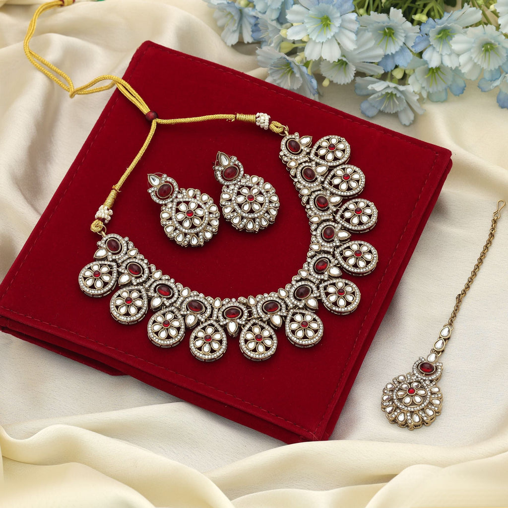 Red Color Kundan Necklace Set Bridal Jewelry Style
