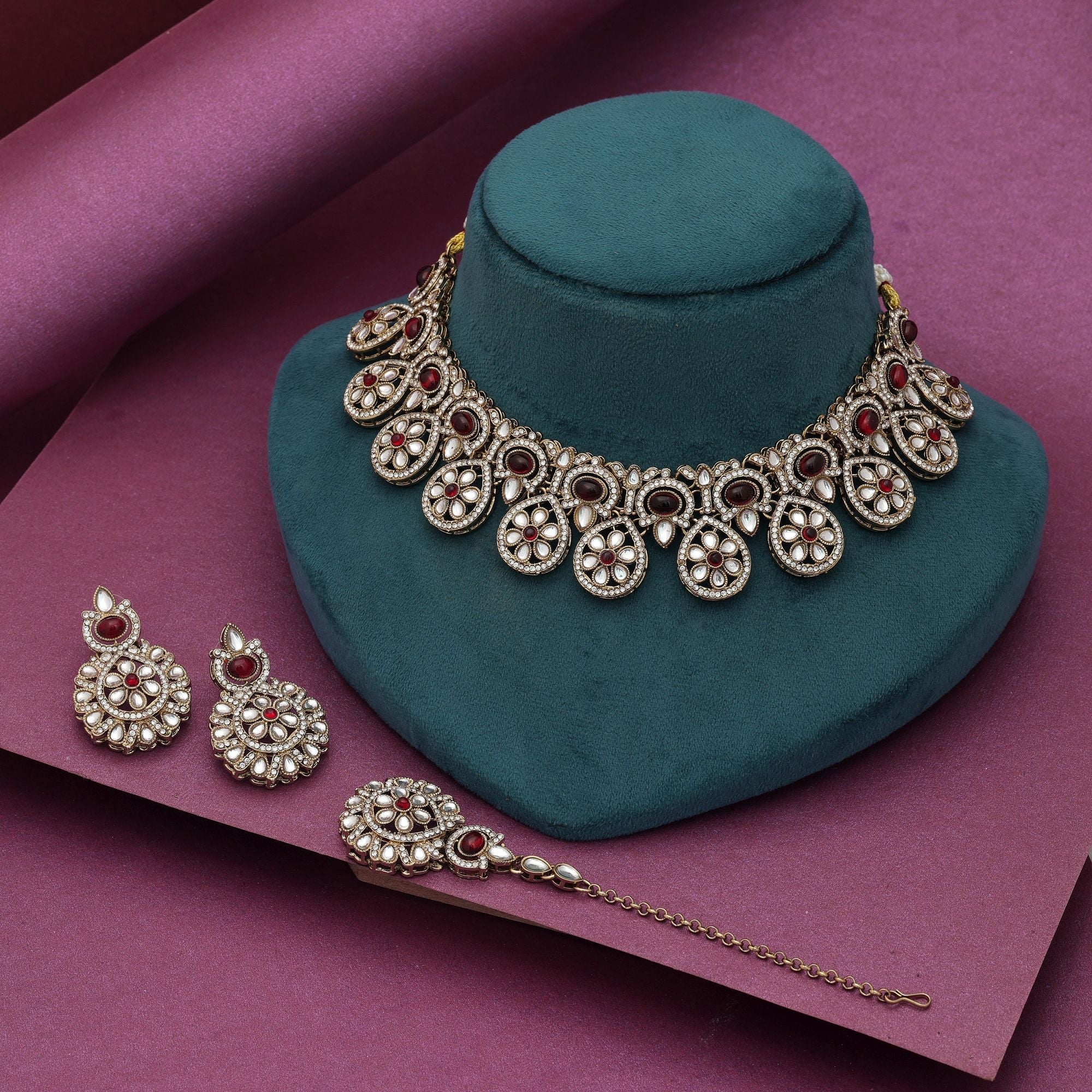 Red Color Kundan Necklace Set Bridal Jewelry Style