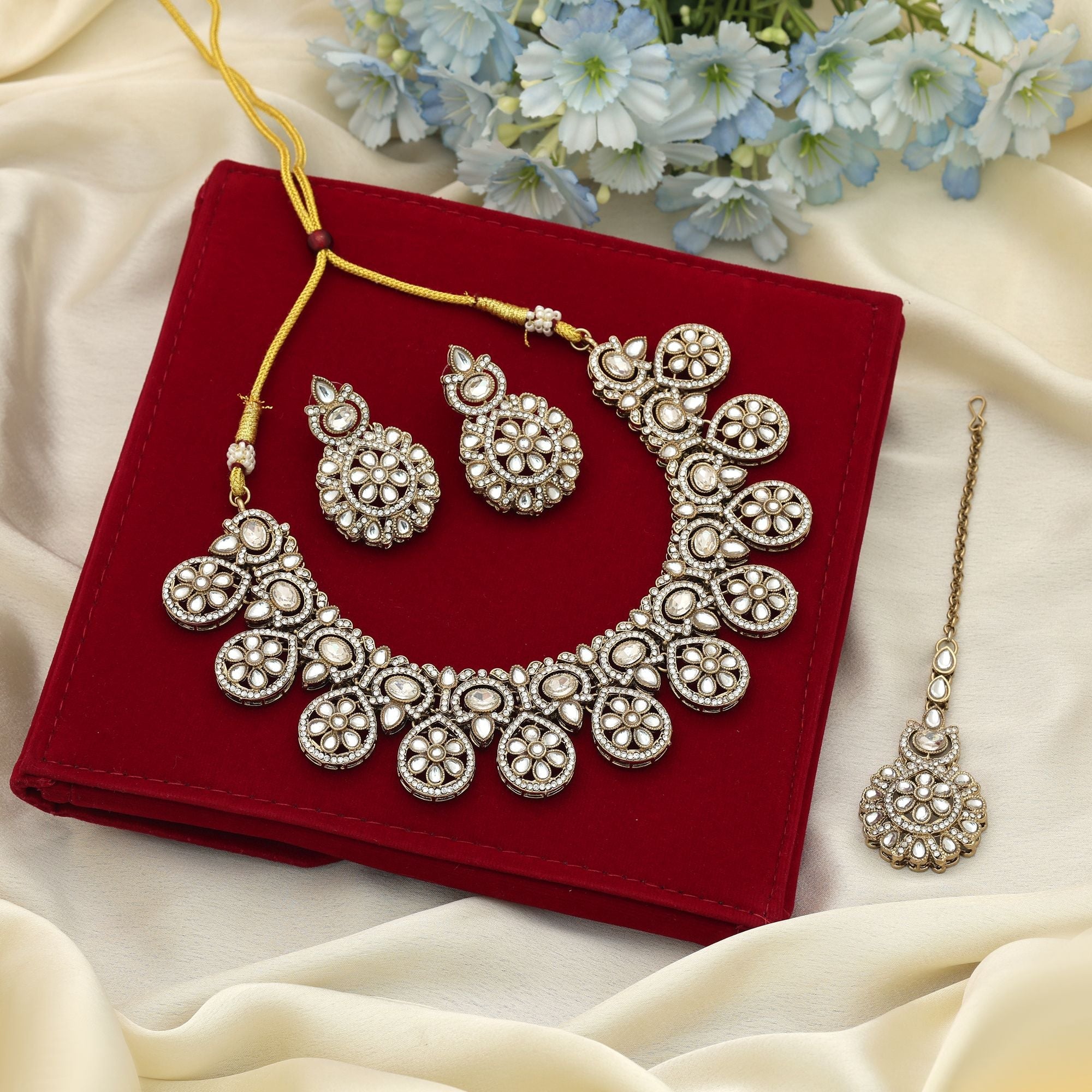White Color Kundan Necklace Set Festive Occasion Wear