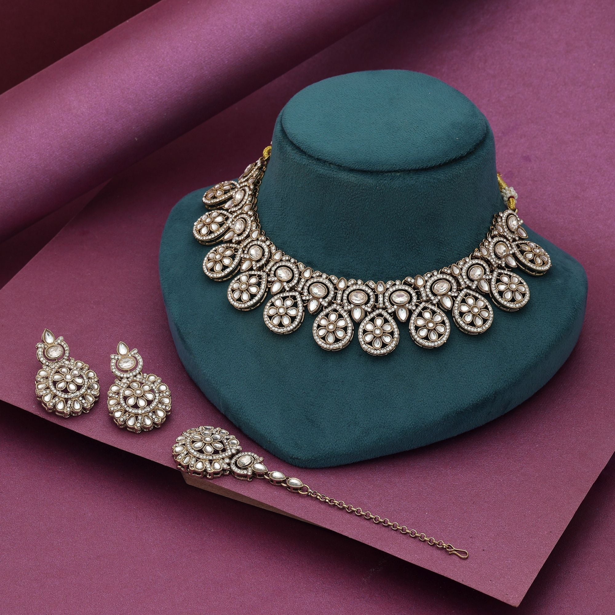 White Color Kundan Necklace Set Festive Occasion Wear