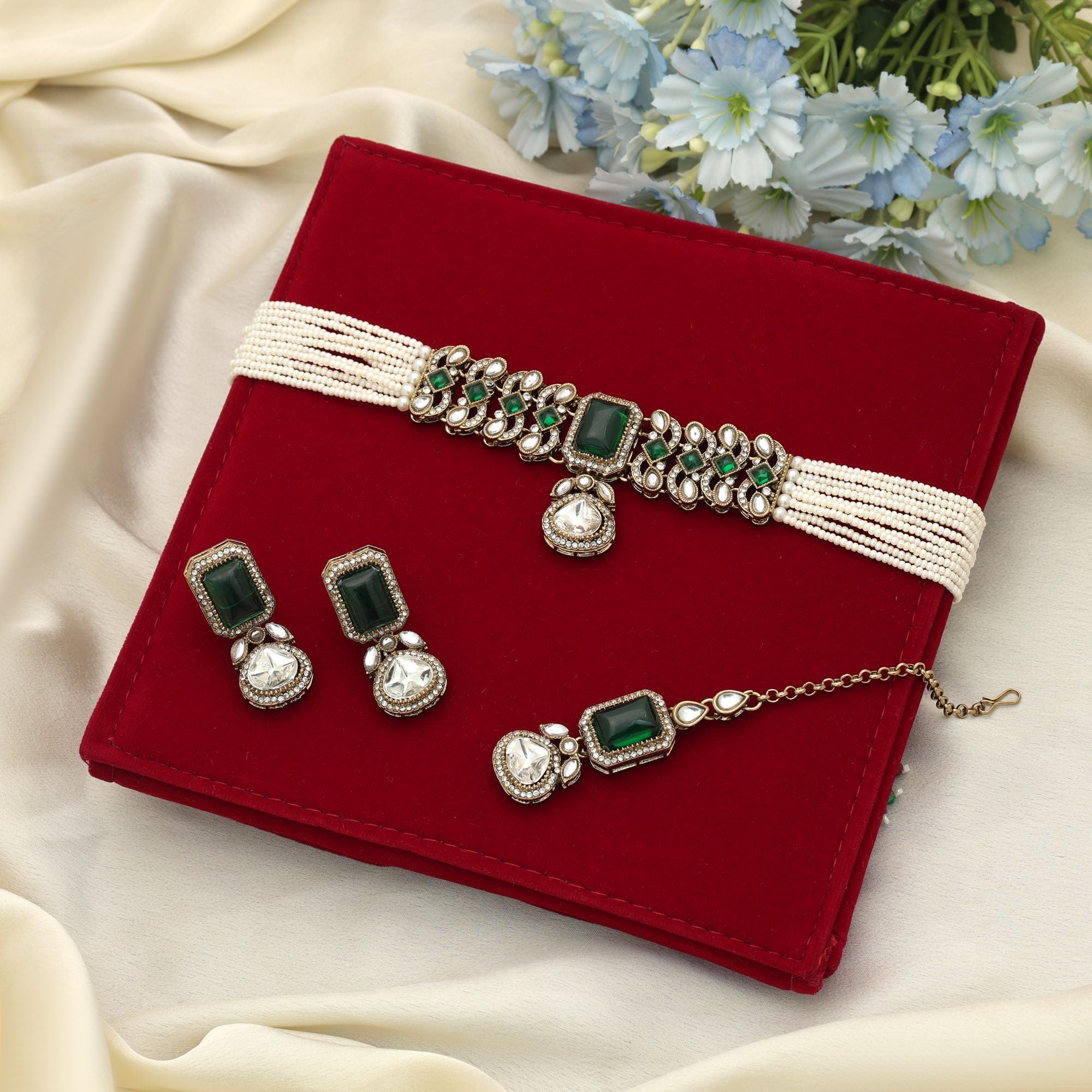 Green Color Choker Kundan Necklace Set Designer Bridal Touch