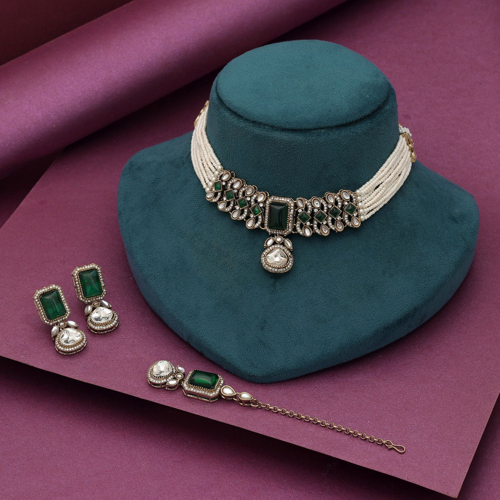 Green Color Choker Kundan Necklace Set Designer Bridal Touch