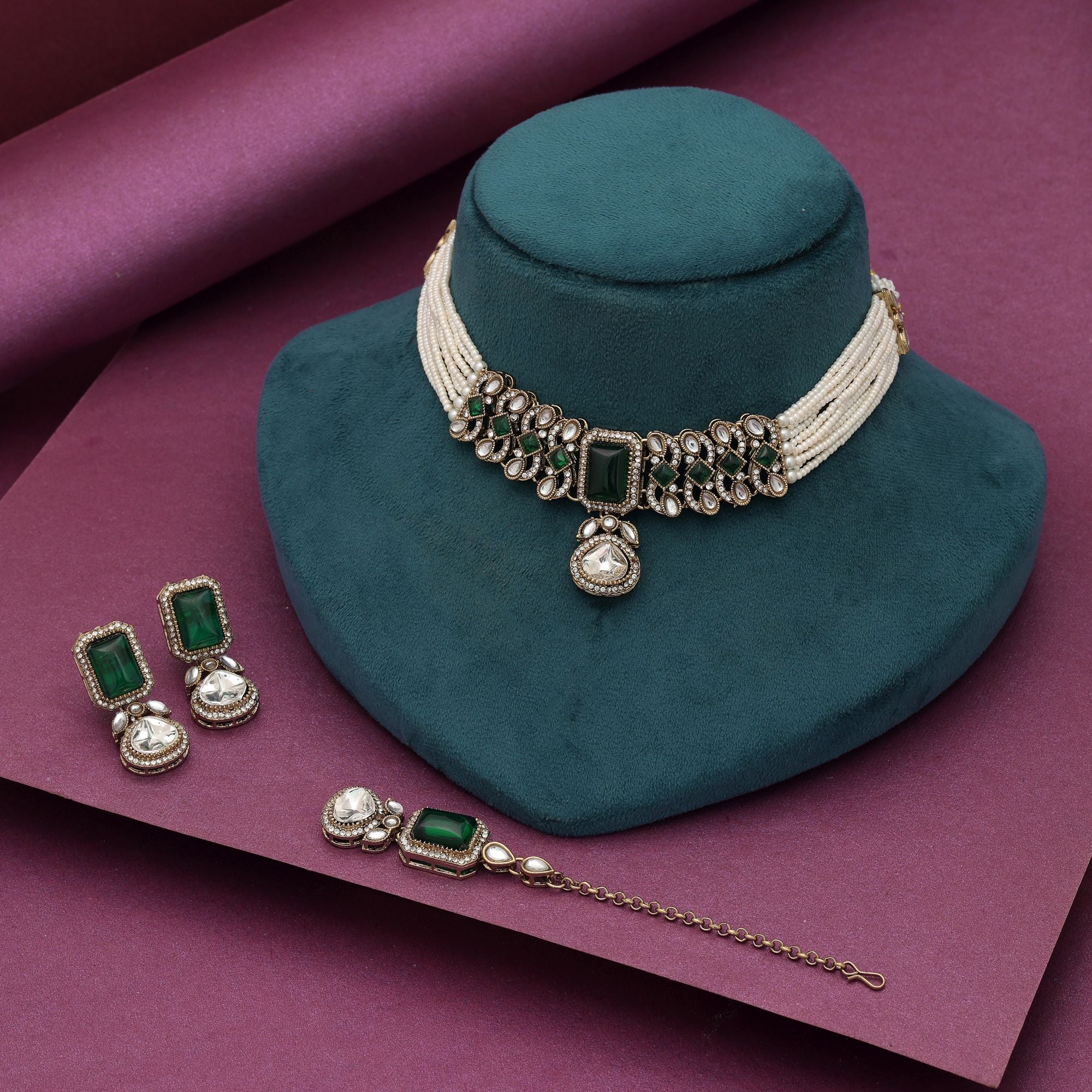 Green Color Choker Kundan Necklace Set Designer Bridal Touch