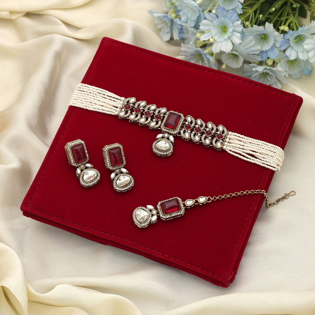 Rani Color Choker Kundan Necklace Set Wedding Party Wear