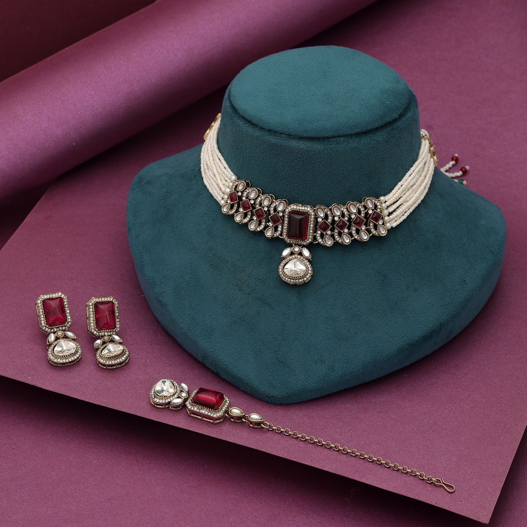 Rani Color Choker Kundan Necklace Set Wedding Party Wear