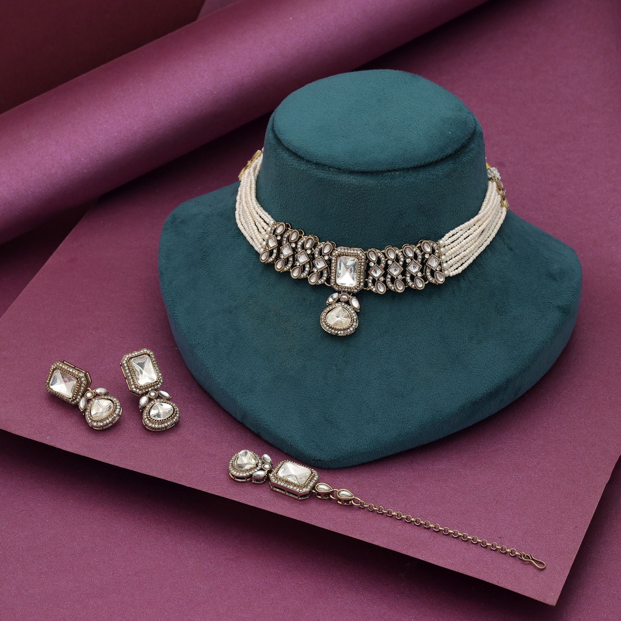 White Color Choker Kundan Necklace Set Bridal Jewelry Design