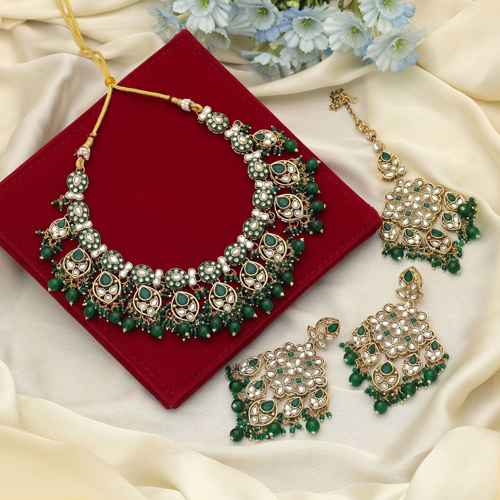 Green Color Meena Work Kundan Necklace Set Festive Ethnic Wear